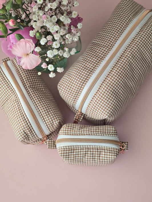 Beige Gingham Cosmetic Pouch Set