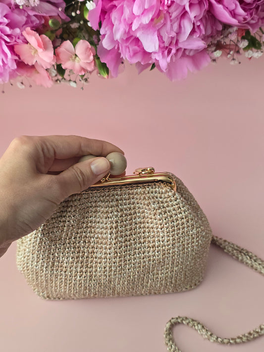 Champagne Beige Crochet Kiss Lock Bag