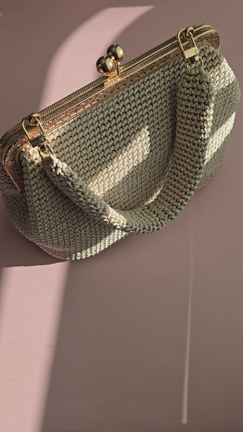 Handmade Crochet Kiss-Lock Bag – Sage Stripes