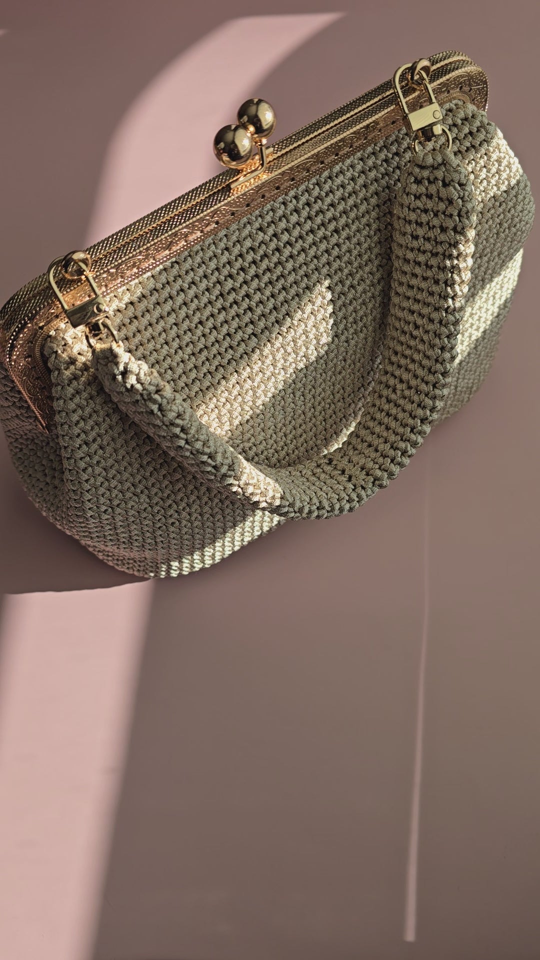 Handmade Crochet Kiss-Lock Bag – Sage Stripes