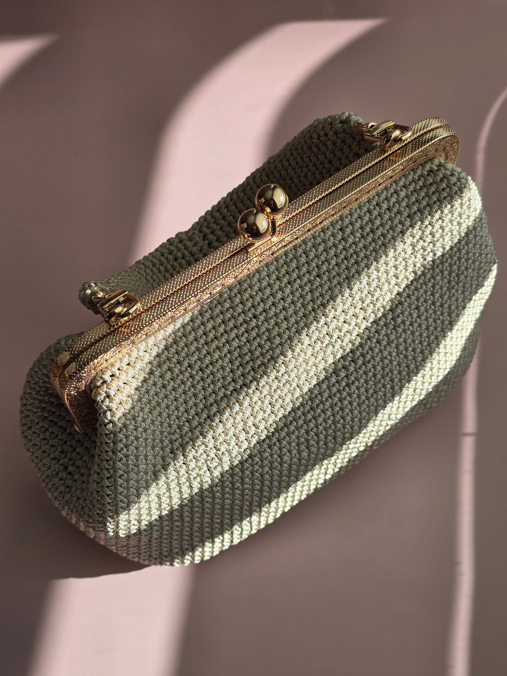 Handmade Crochet Kiss-Lock Bag – Sage Stripes