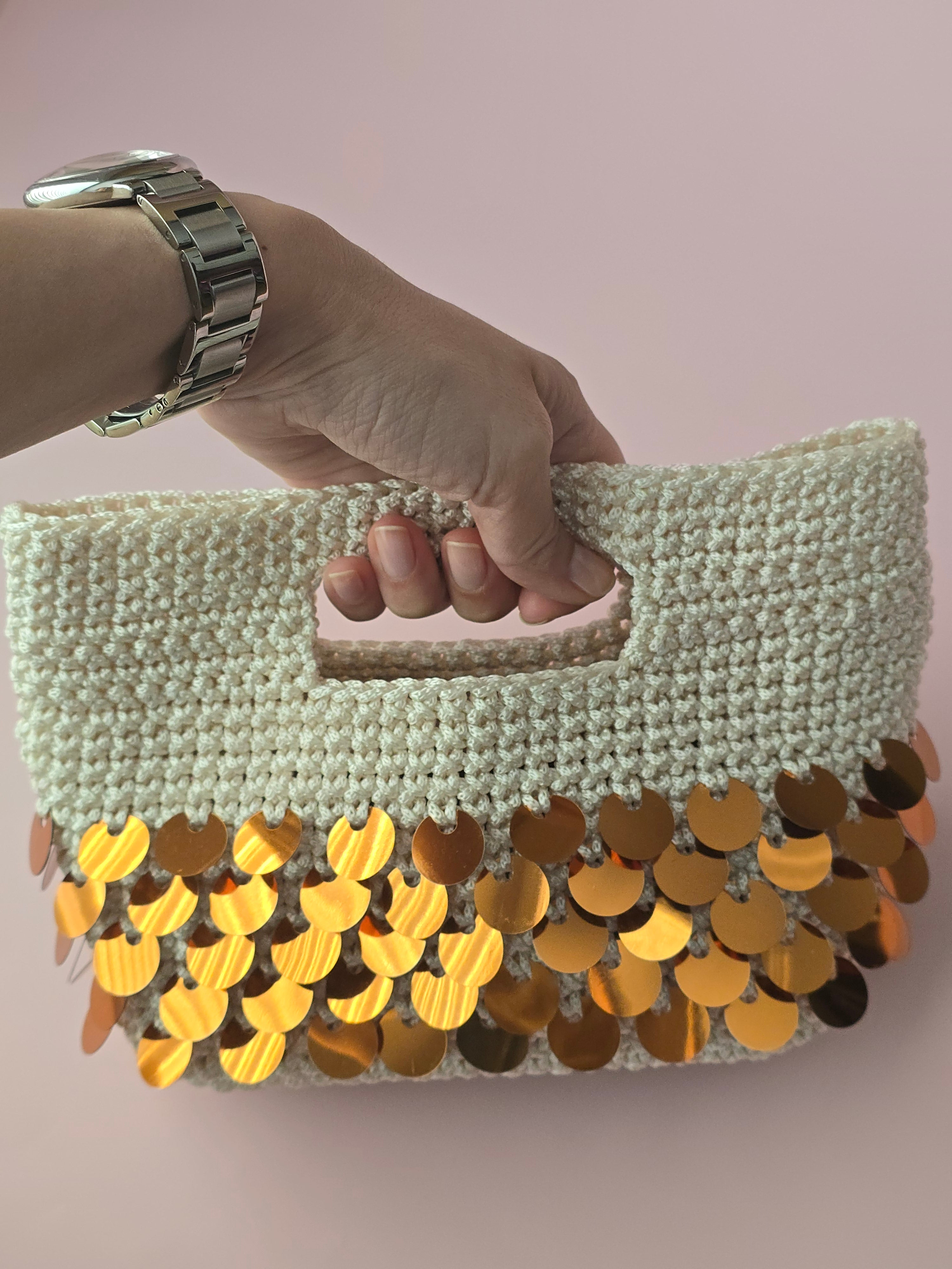 Handmade Crochet Sequin Clutch Bag – Ivory & Gold | Elegant Evening Bag