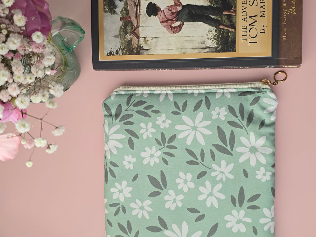 Mint Floral Book Sleeve – Handmade Zipper Pouch