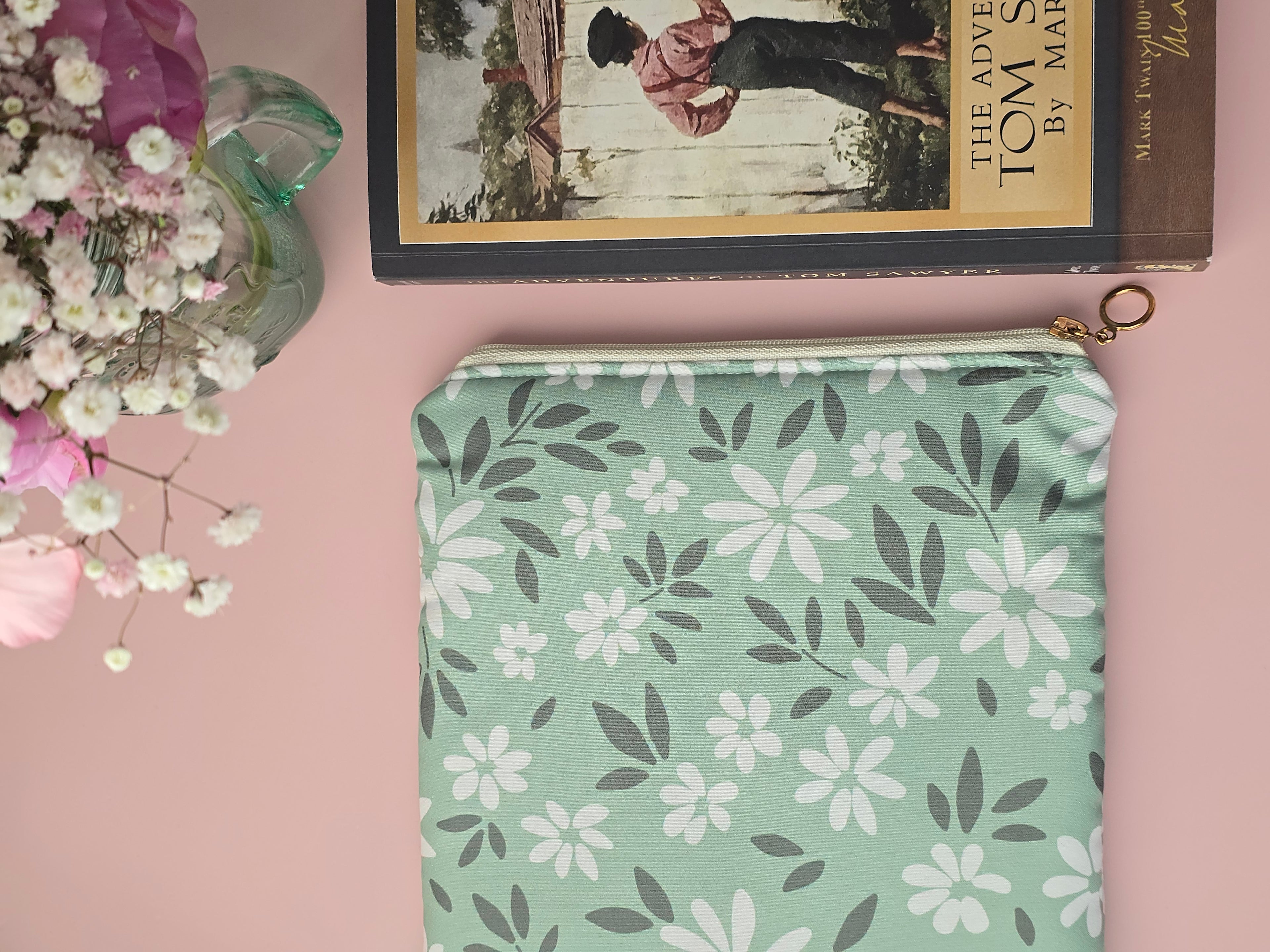 Mint Floral Book Sleeve – Handmade Zipper Pouch