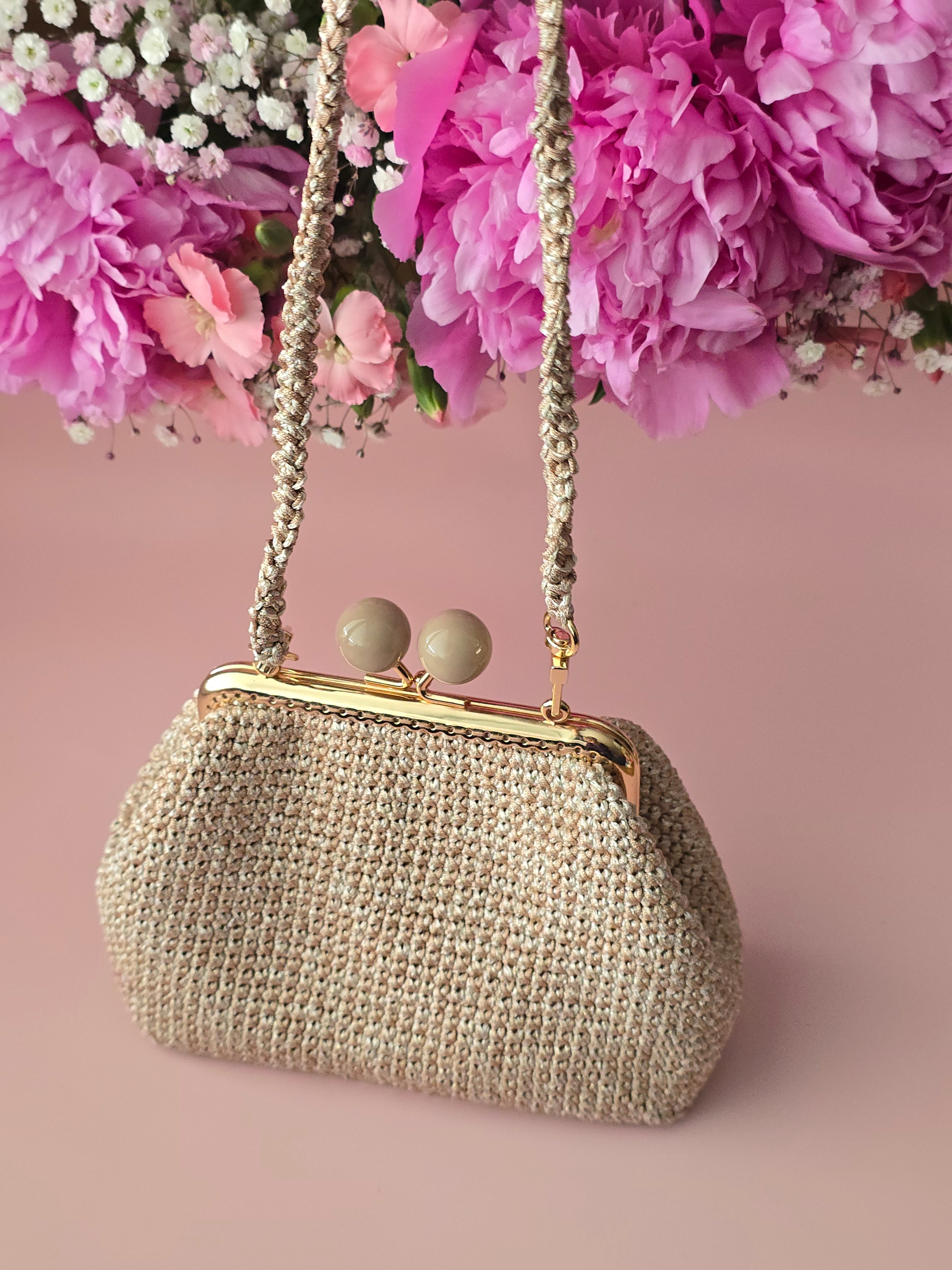 Champagne Beige Crochet Kiss Lock Bag