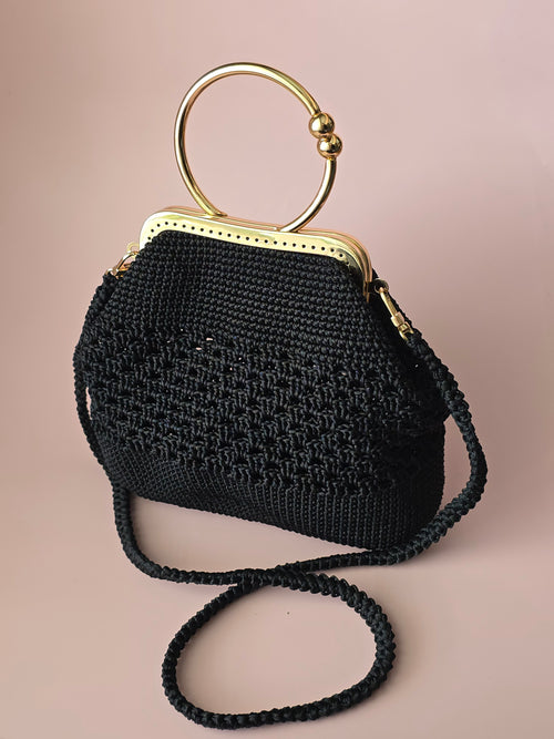 Black Crochet Evening Bag with Gold Handle