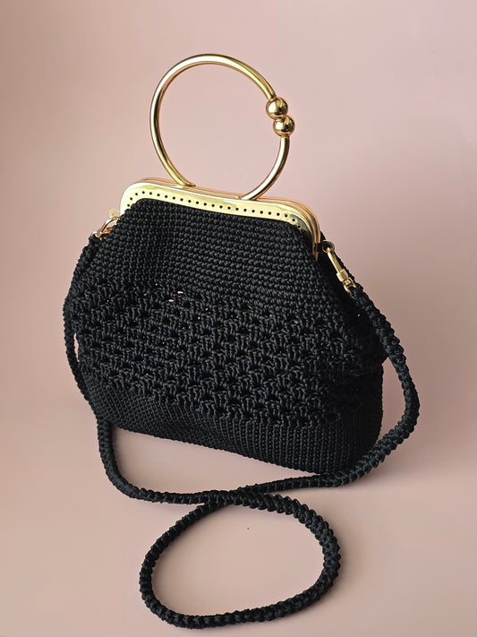 Black Crochet Evening Bag with Gold Handle