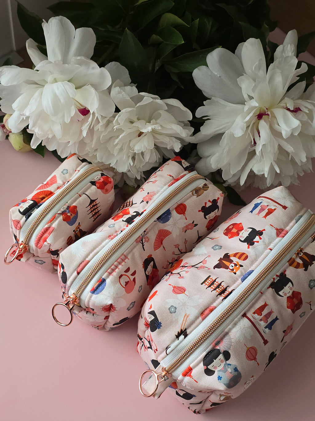 Handmade "Sakura & Kokeshi" Japanese Print Cotton Cosmetic Bag