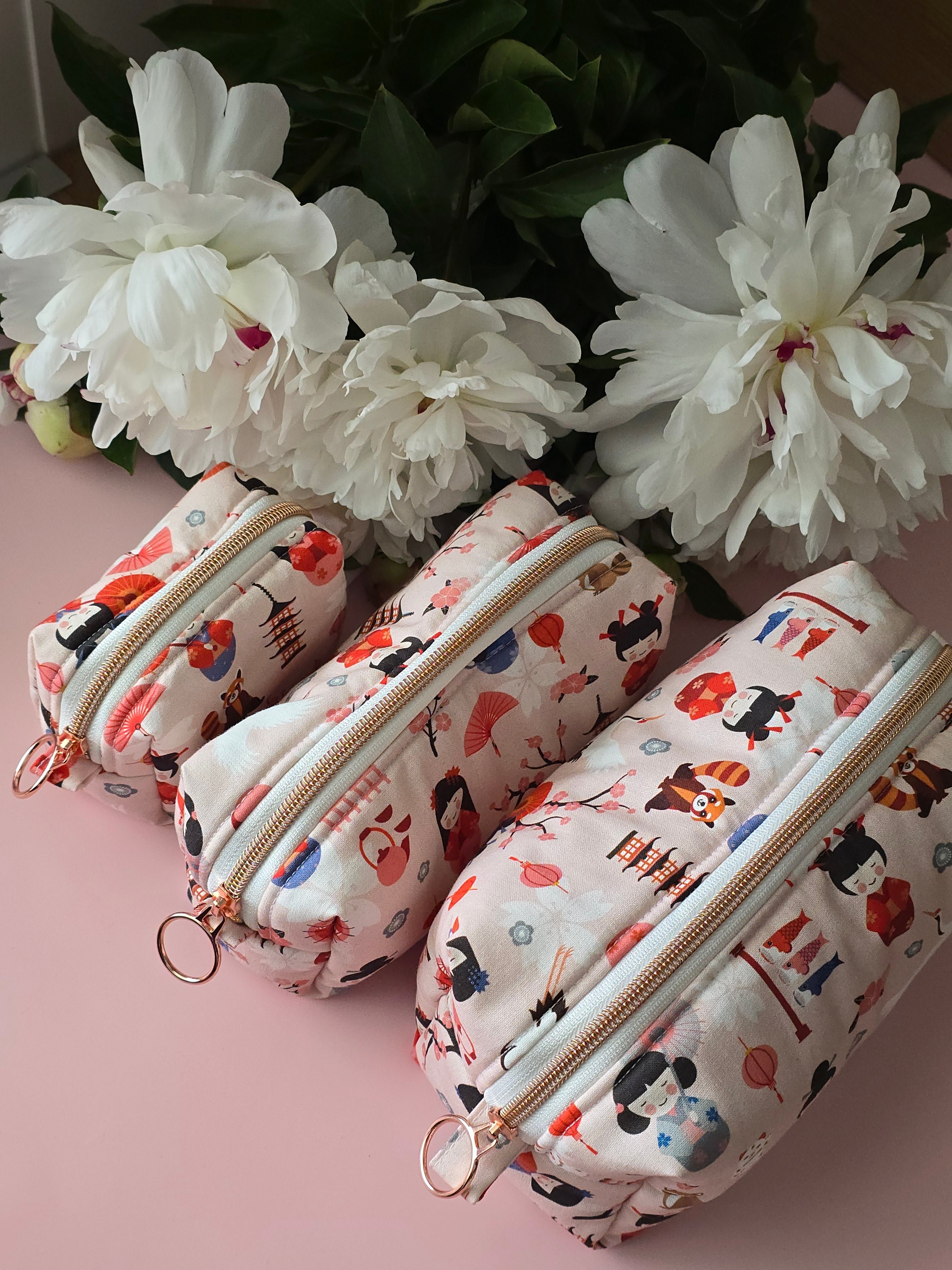 Handmade "Sakura & Kokeshi" Japanese Print Cotton Cosmetic Bag