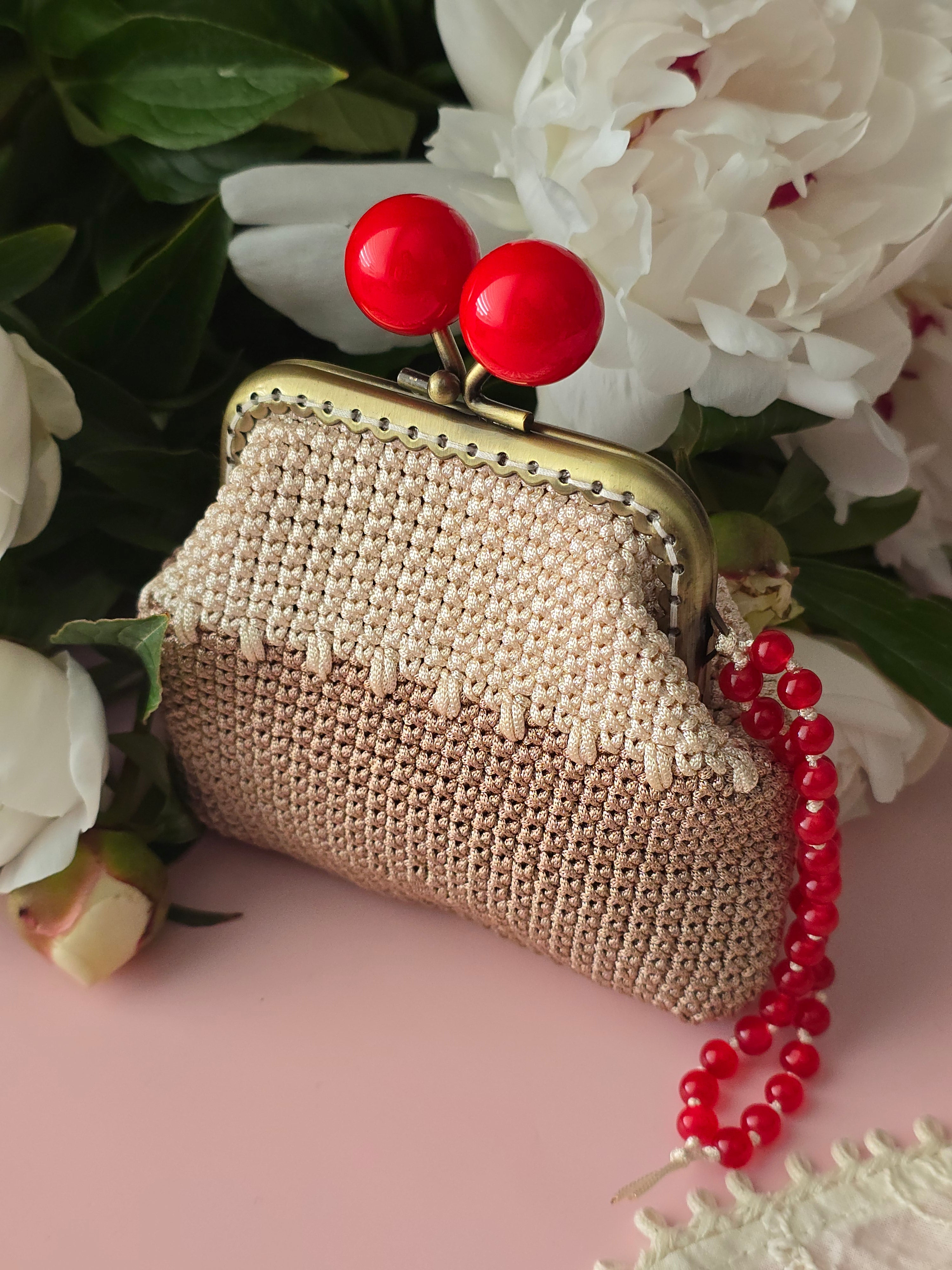 Handmade Crochet Coin Purse with Vintage Frame & Cherry Clasp
