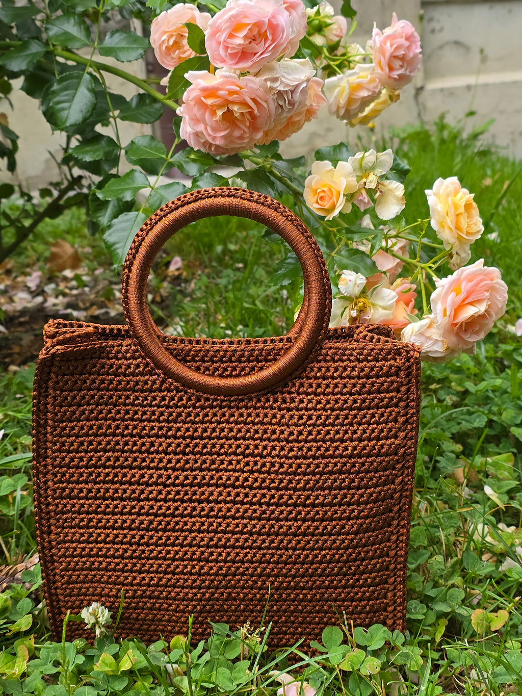 Chocolate Brown Crochet Tote Bag with Wooden Handles