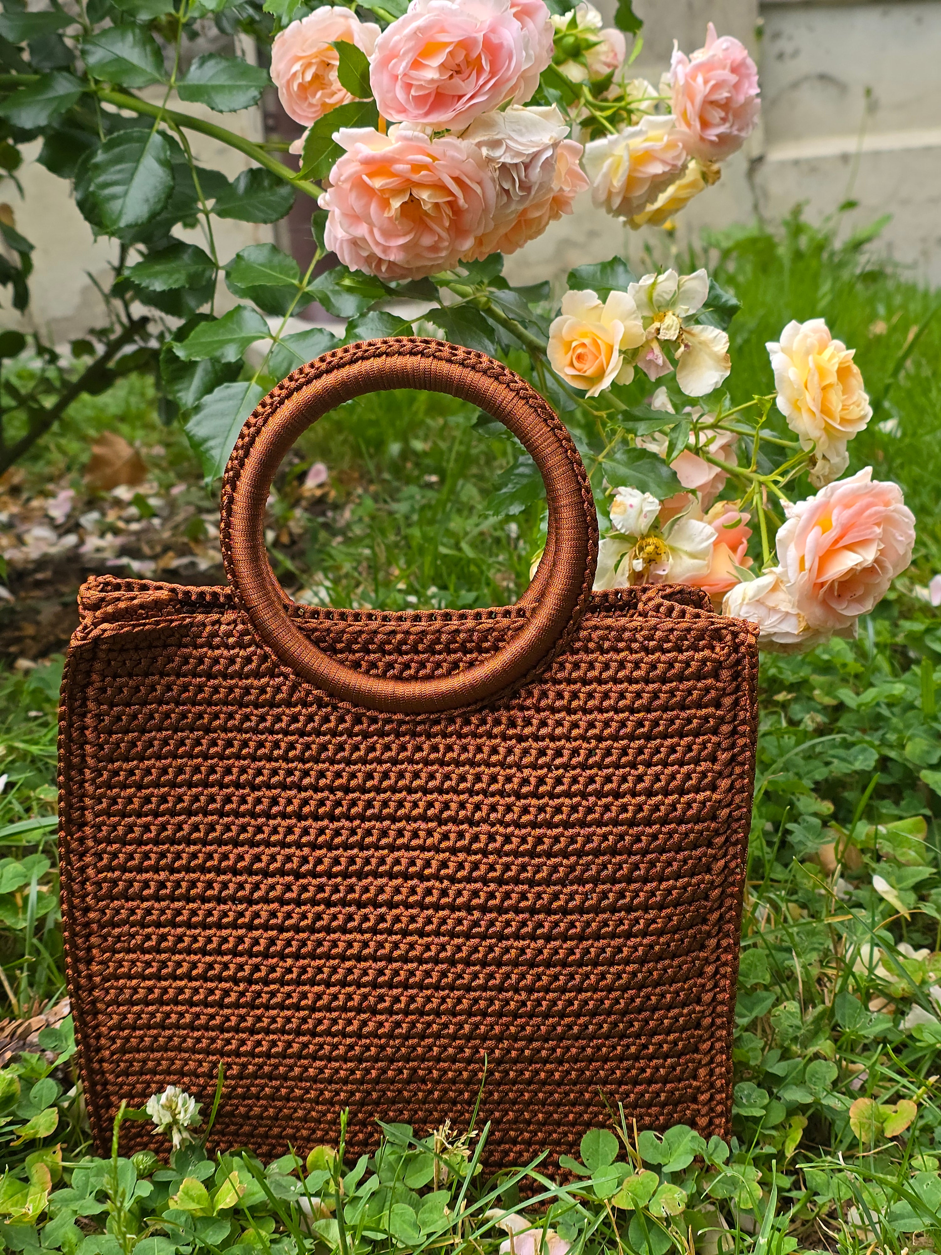 Chocolate Brown Crochet Tote Bag with Wooden Handles