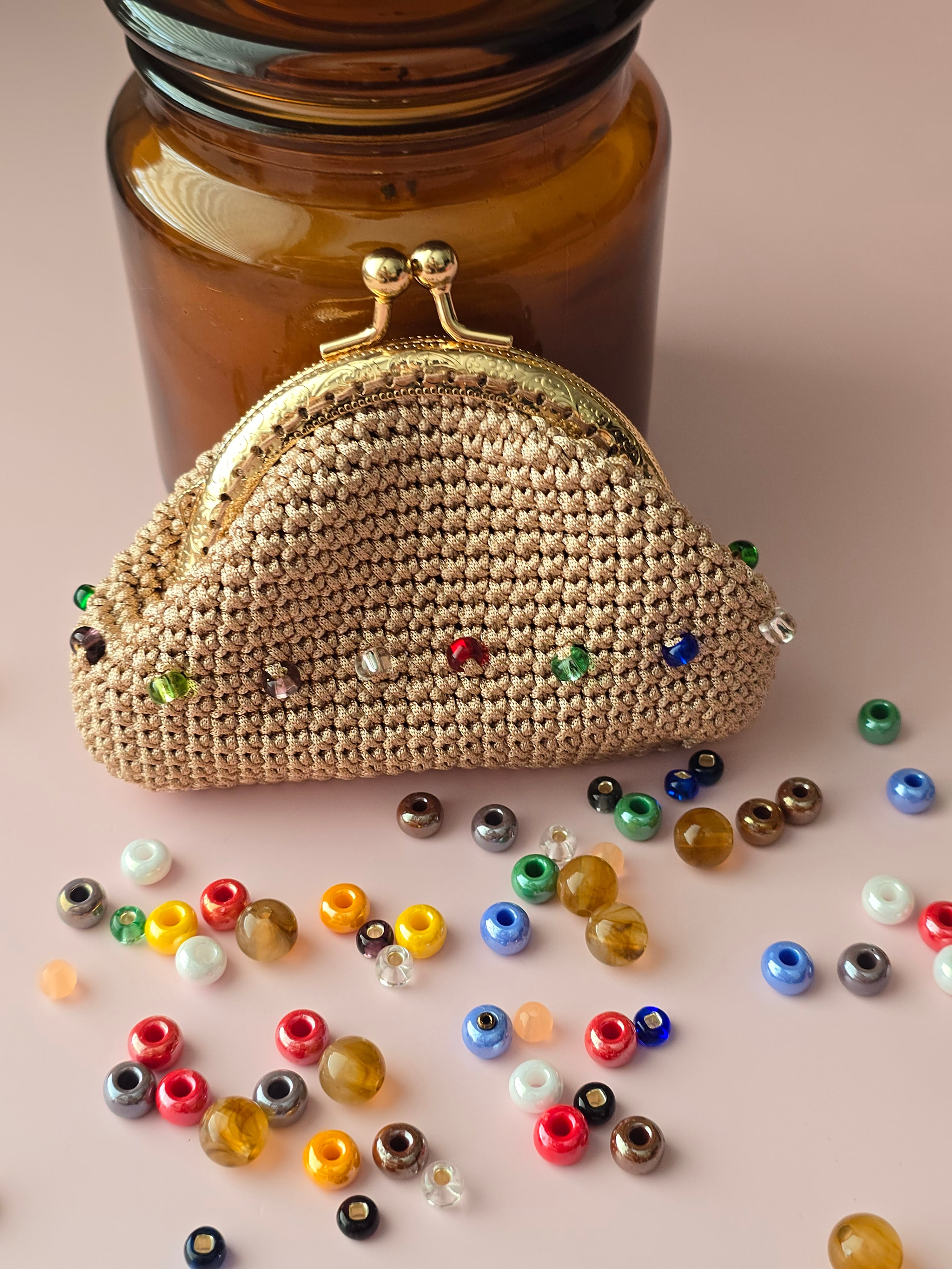 Handmade Crochet Coin Purse with Crystal Beads