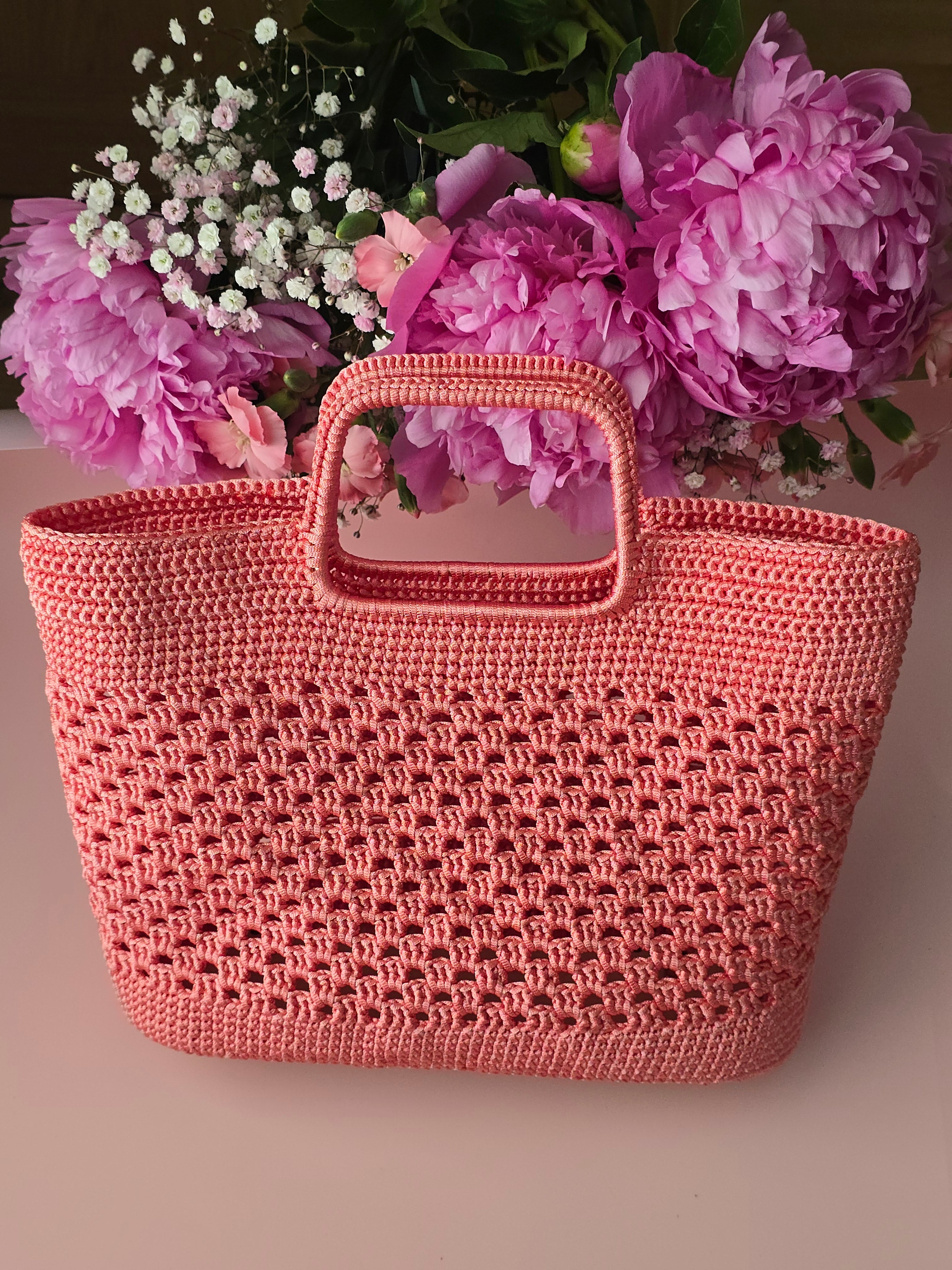 Blush Coral Crochet Tote Bag