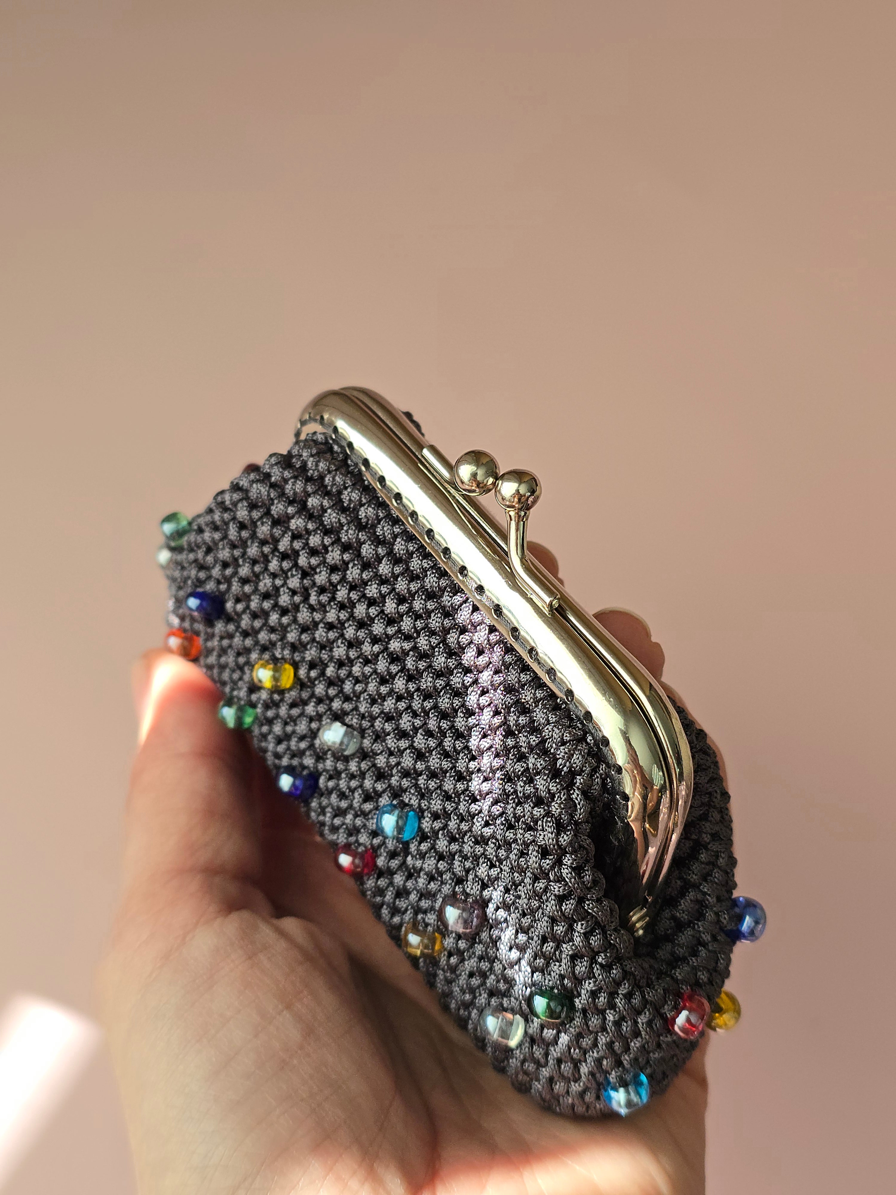 Handmade Crochet Wallet with Crystal Accents – Gray Coin Purse with Metal Frame