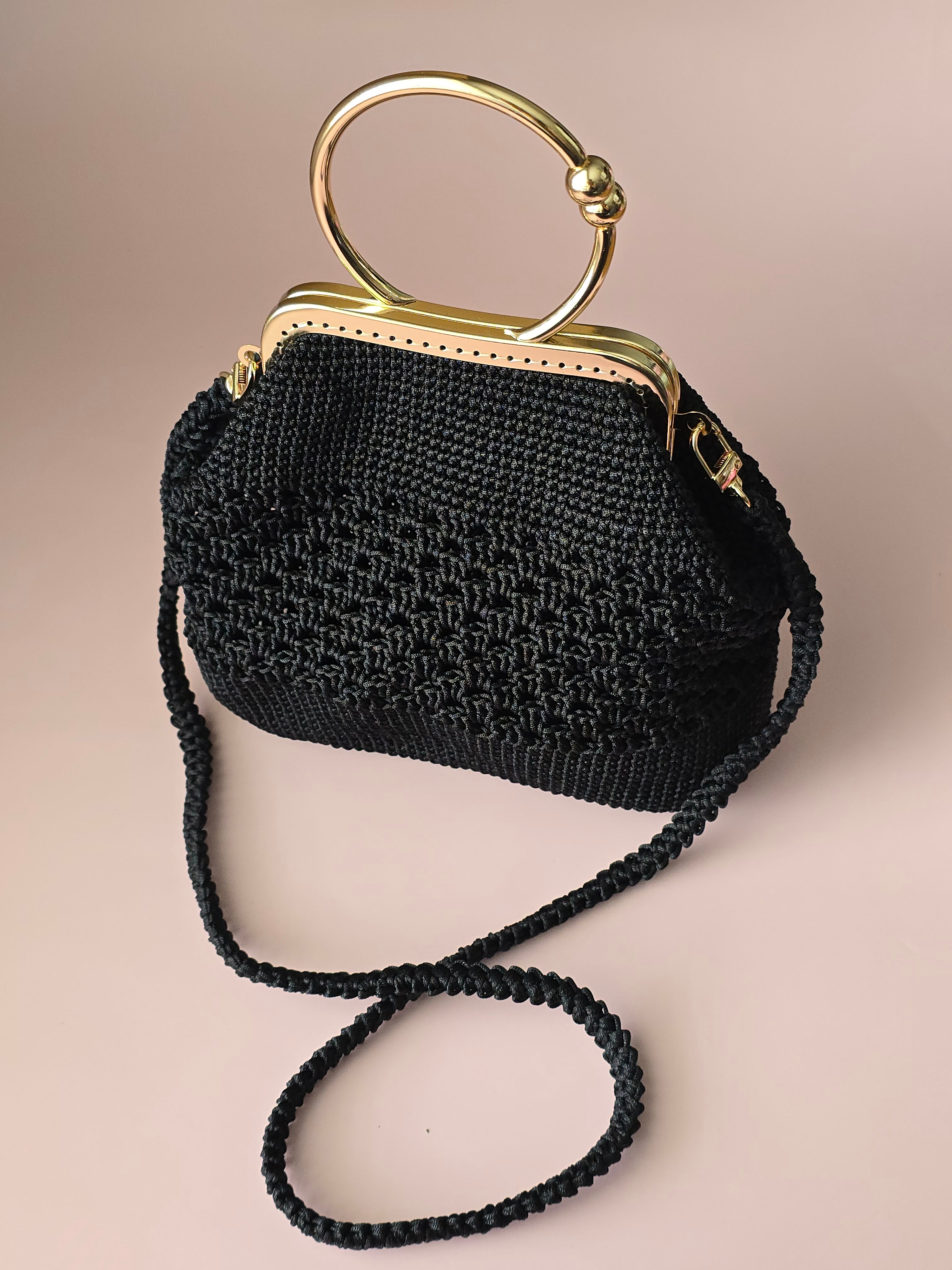 Black Crochet Evening Bag with Gold Handle