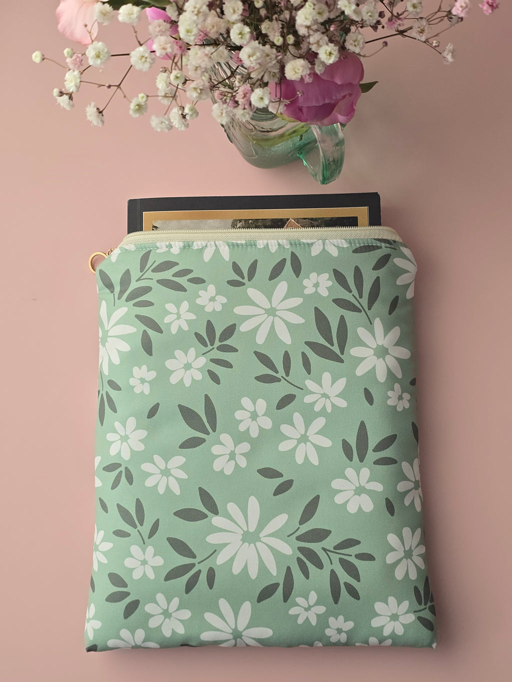 Mint Floral Book Sleeve – Handmade Zipper Pouch
