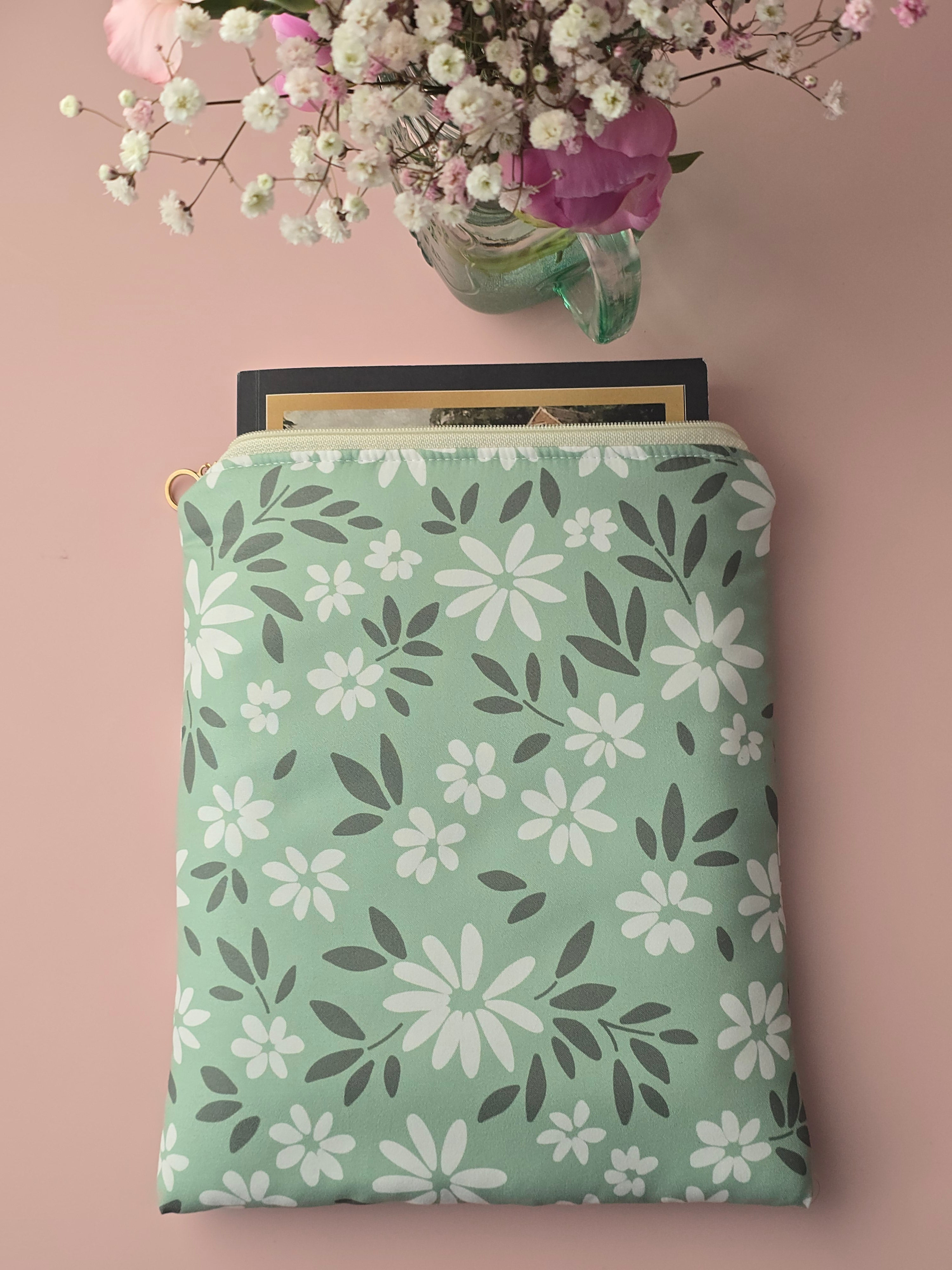 Mint Floral Book Sleeve – Handmade Zipper Pouch