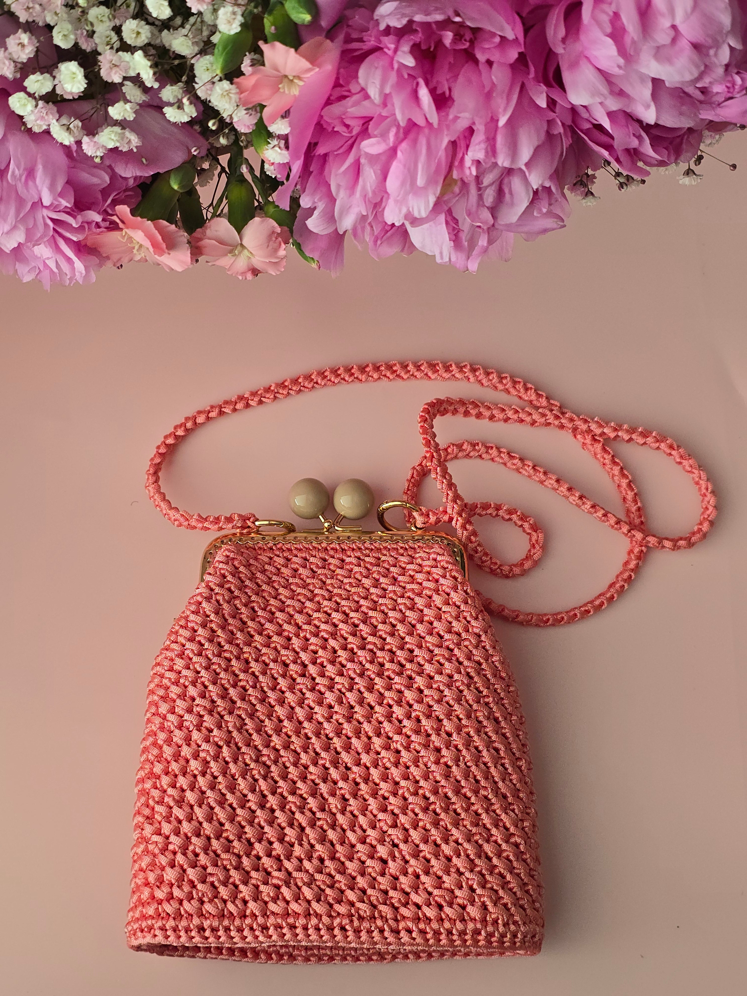 Coral Pink Crochet Kiss Lock Bag