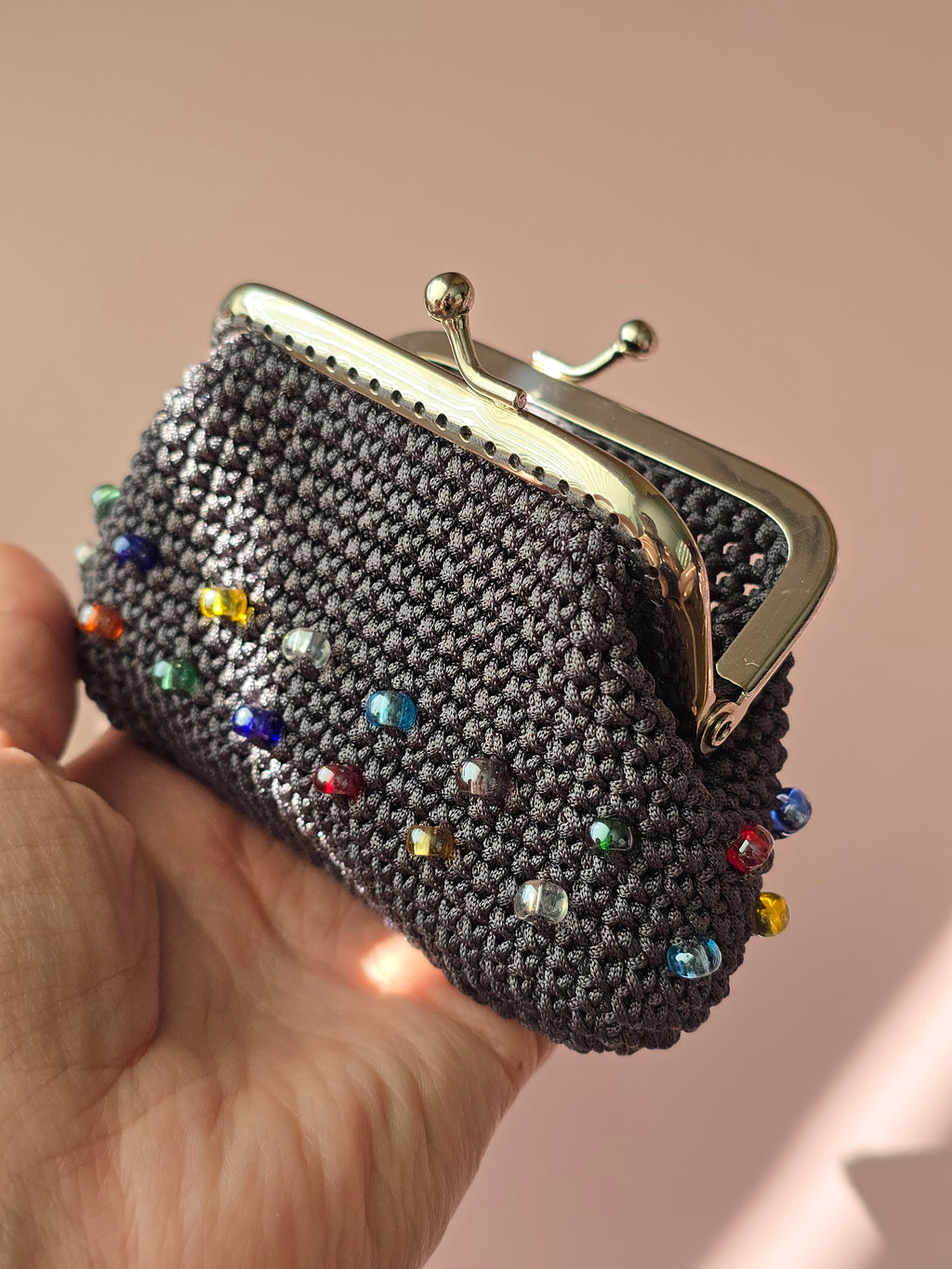 Handmade Crochet Wallet with Crystal Accents – Gray Coin Purse with Metal Frame