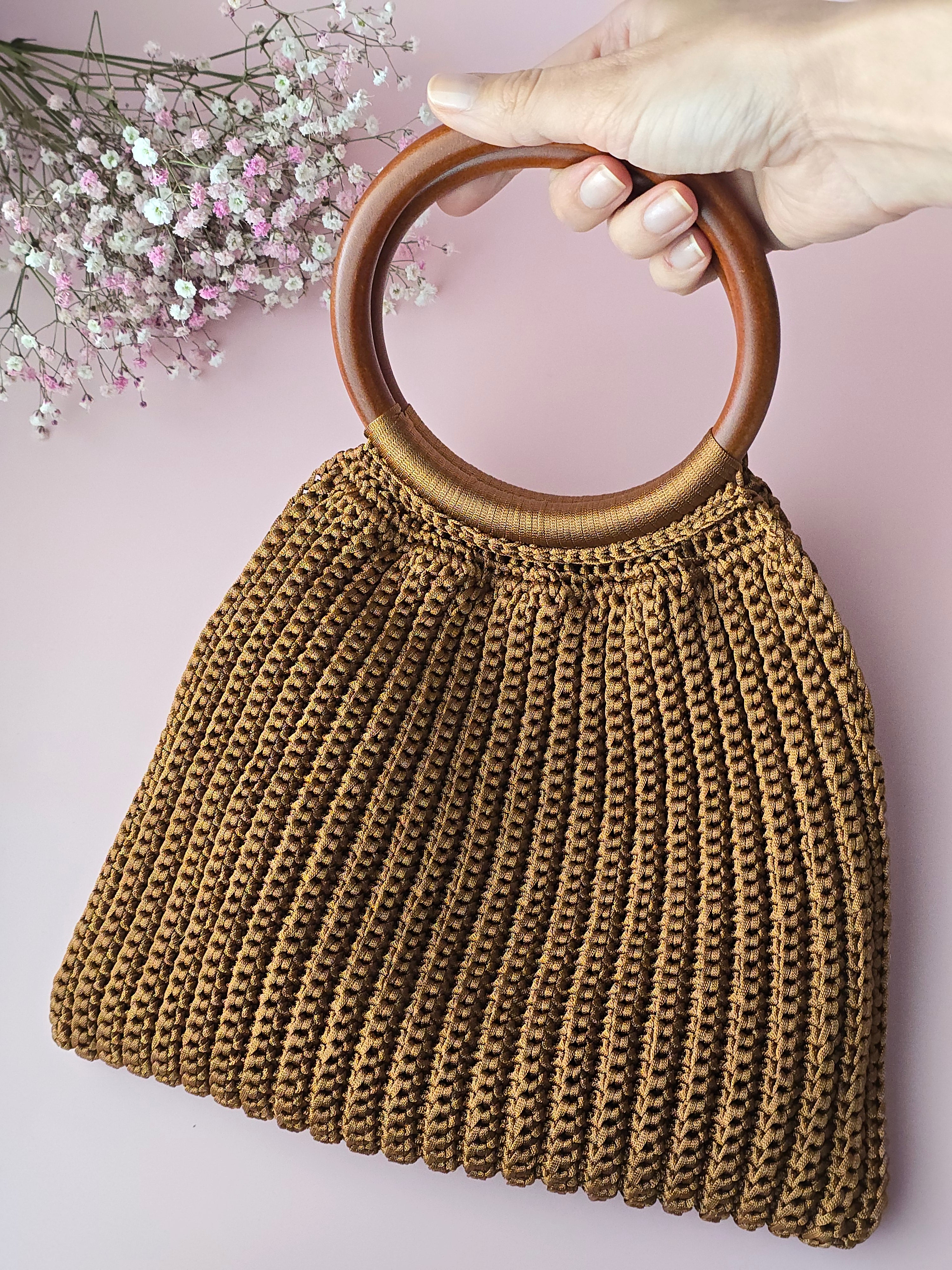Handmade Crochet Bag with Wooden Handle