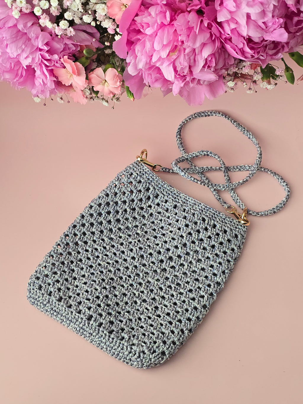 Silver Grey Crochet Crossbody Bag