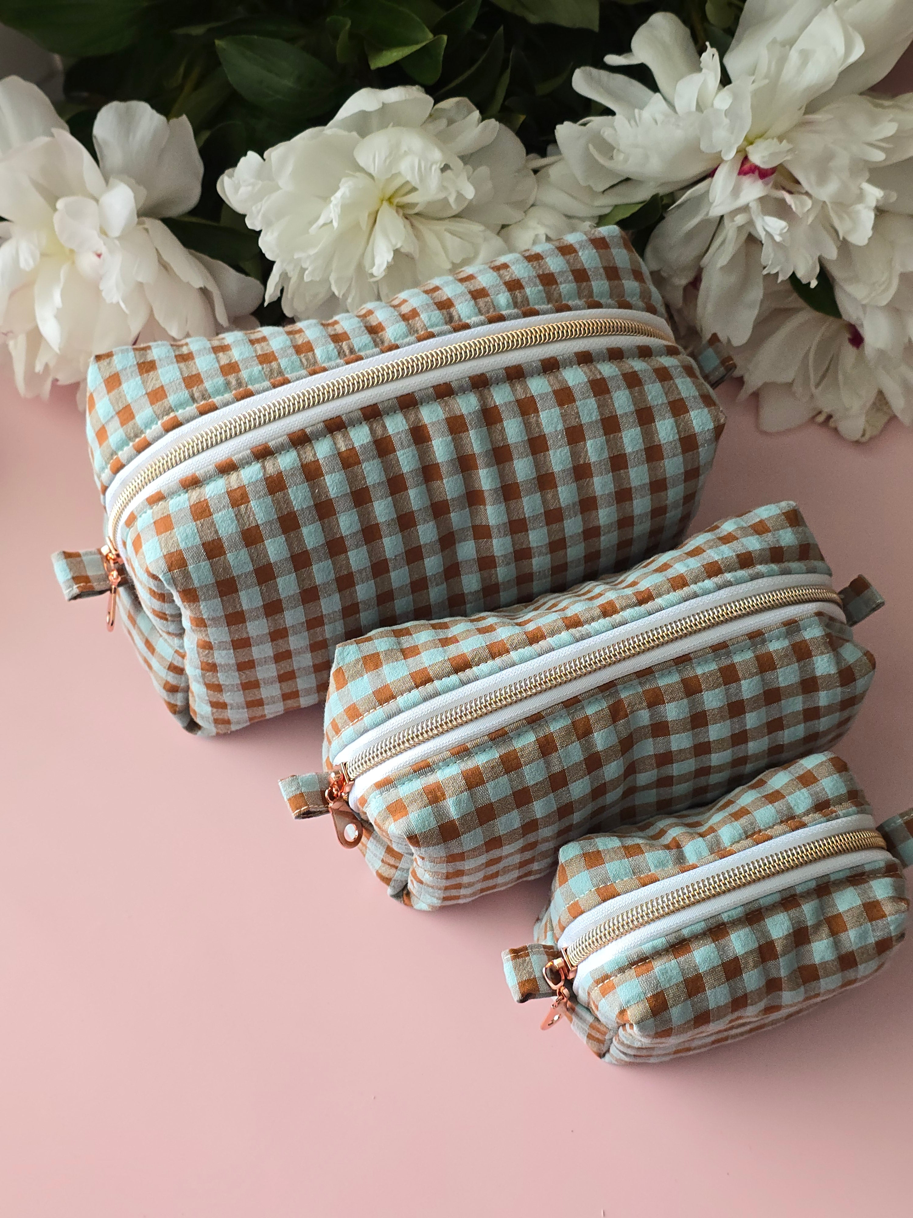 Gingham Cosmetic Bag – Green & Brown Checkered Pouch