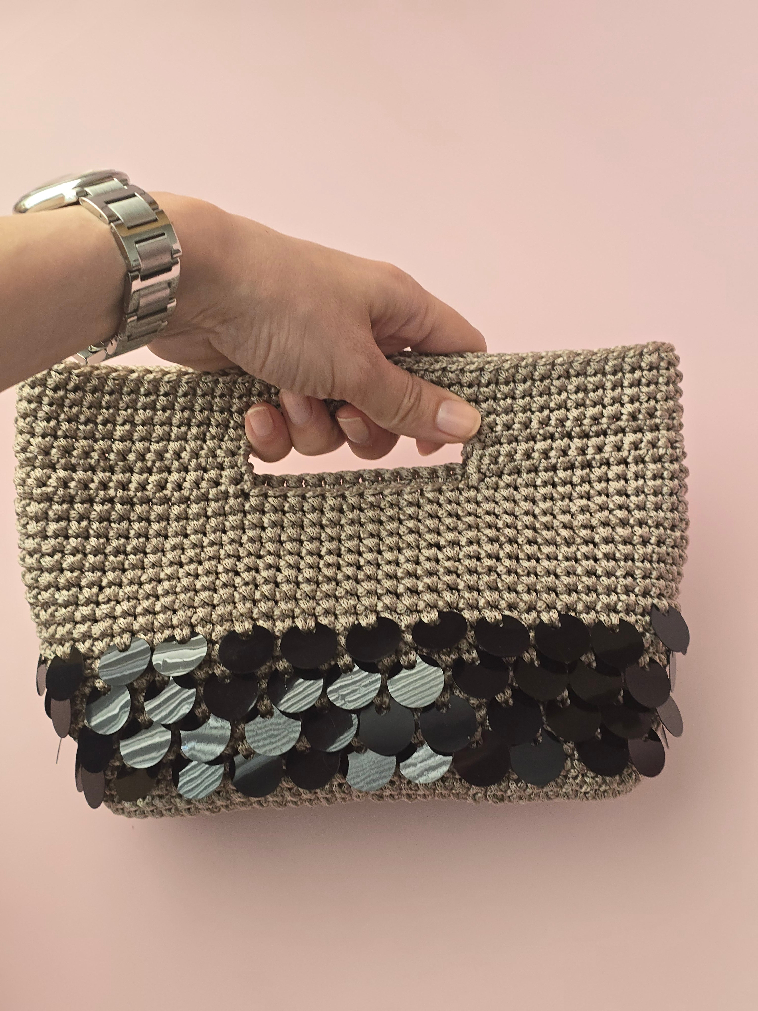 Black Sequin Crochet Handbag – Handmade Evening Bag