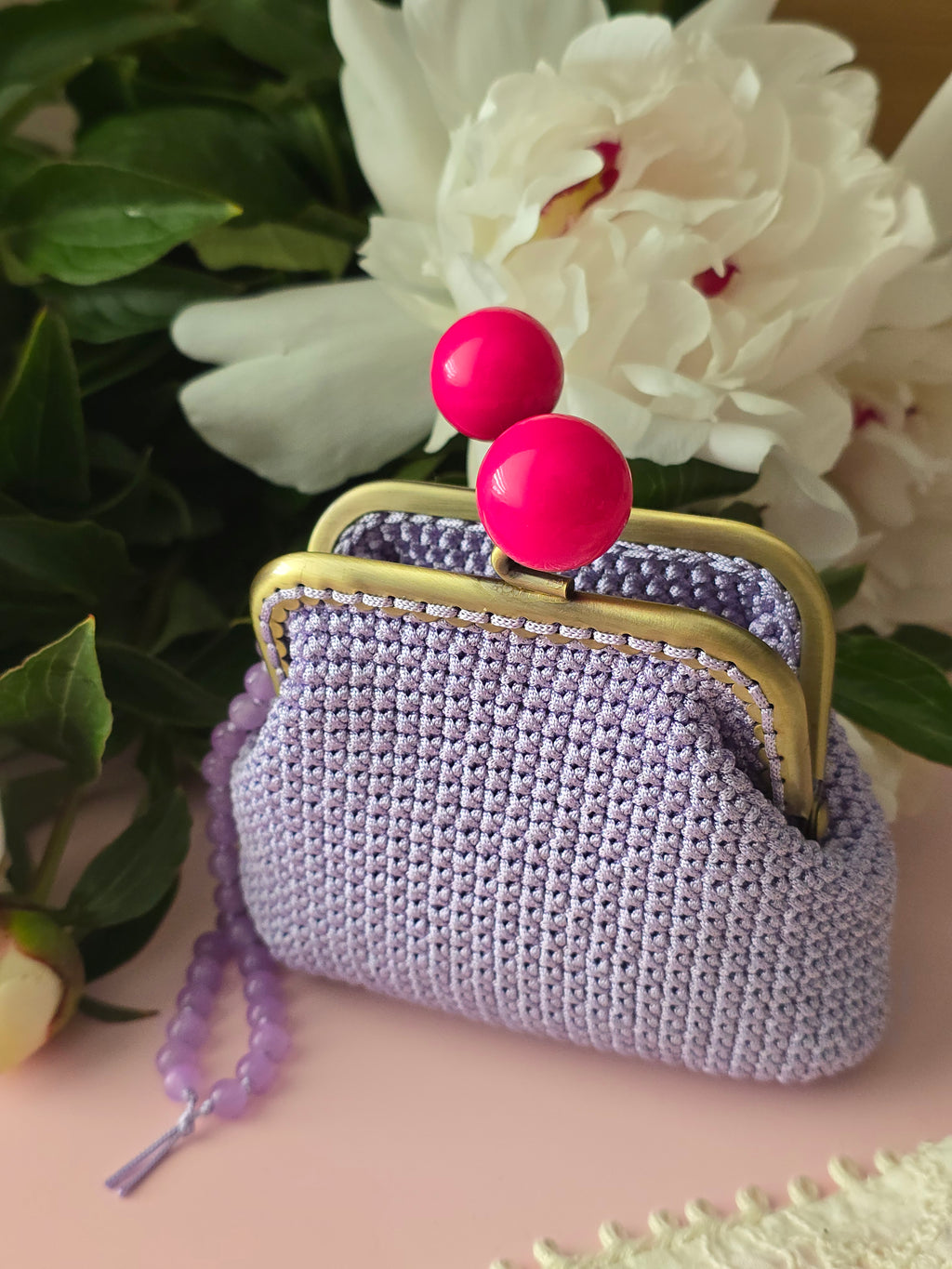 Lilac Crochet Coin Purse with Pink Kiss-Lock Frame