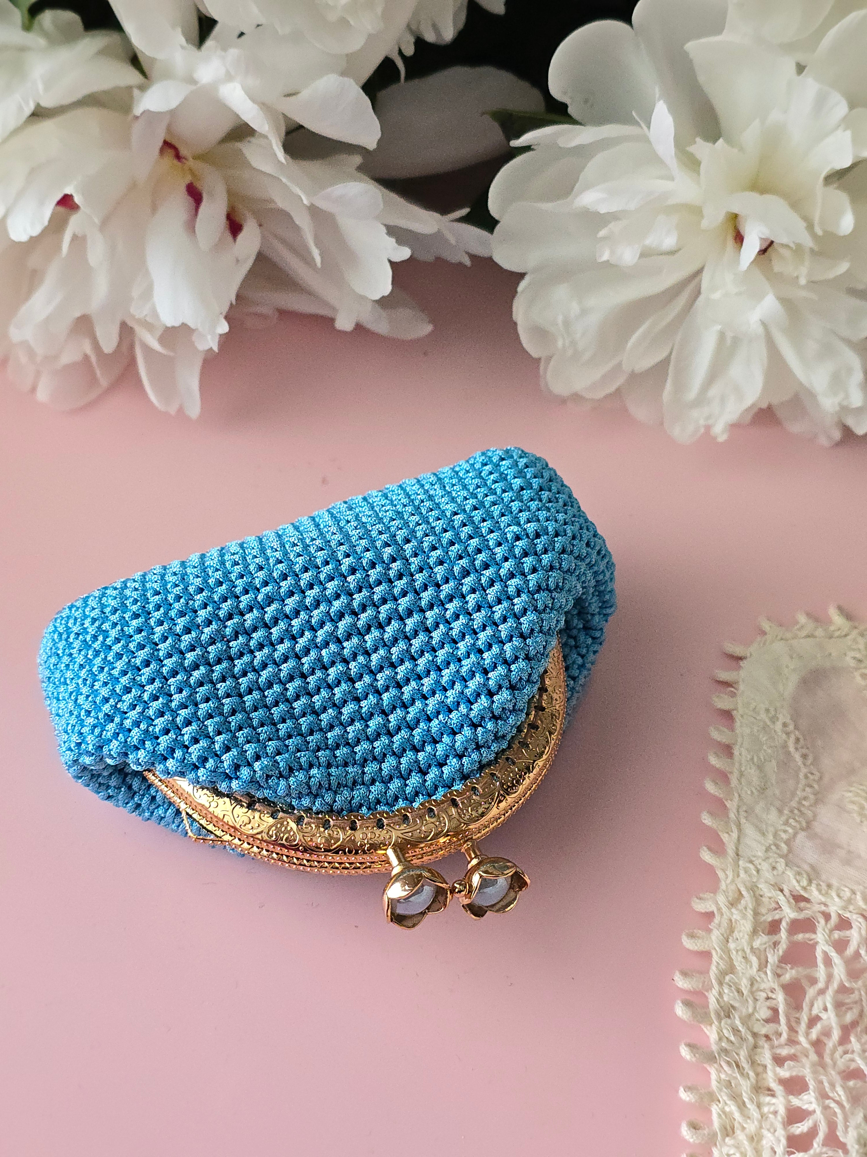 Sky Blue Crochet Coin Purse with Gold Clasp