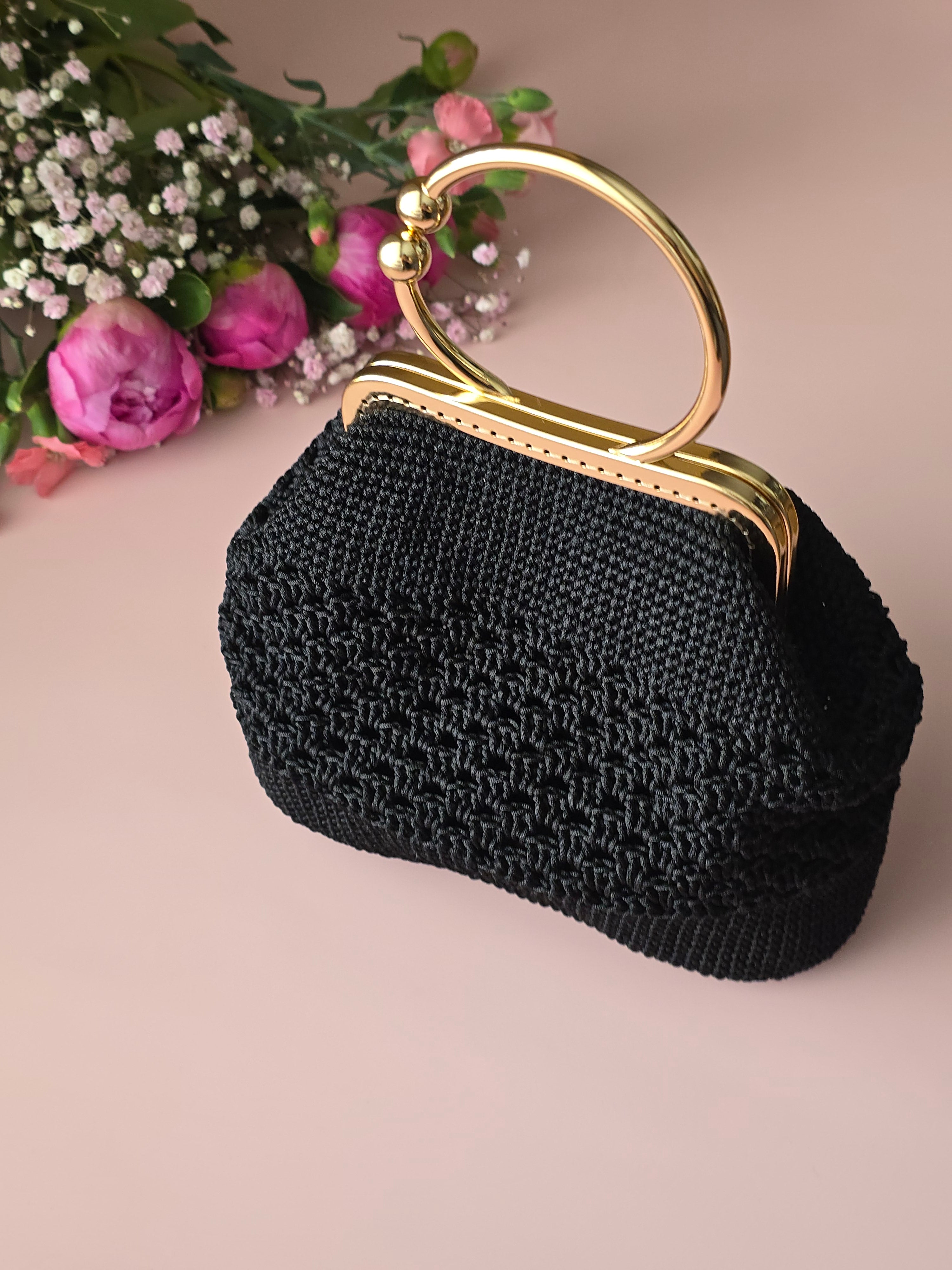 Black Crochet Evening Bag with Gold Handle