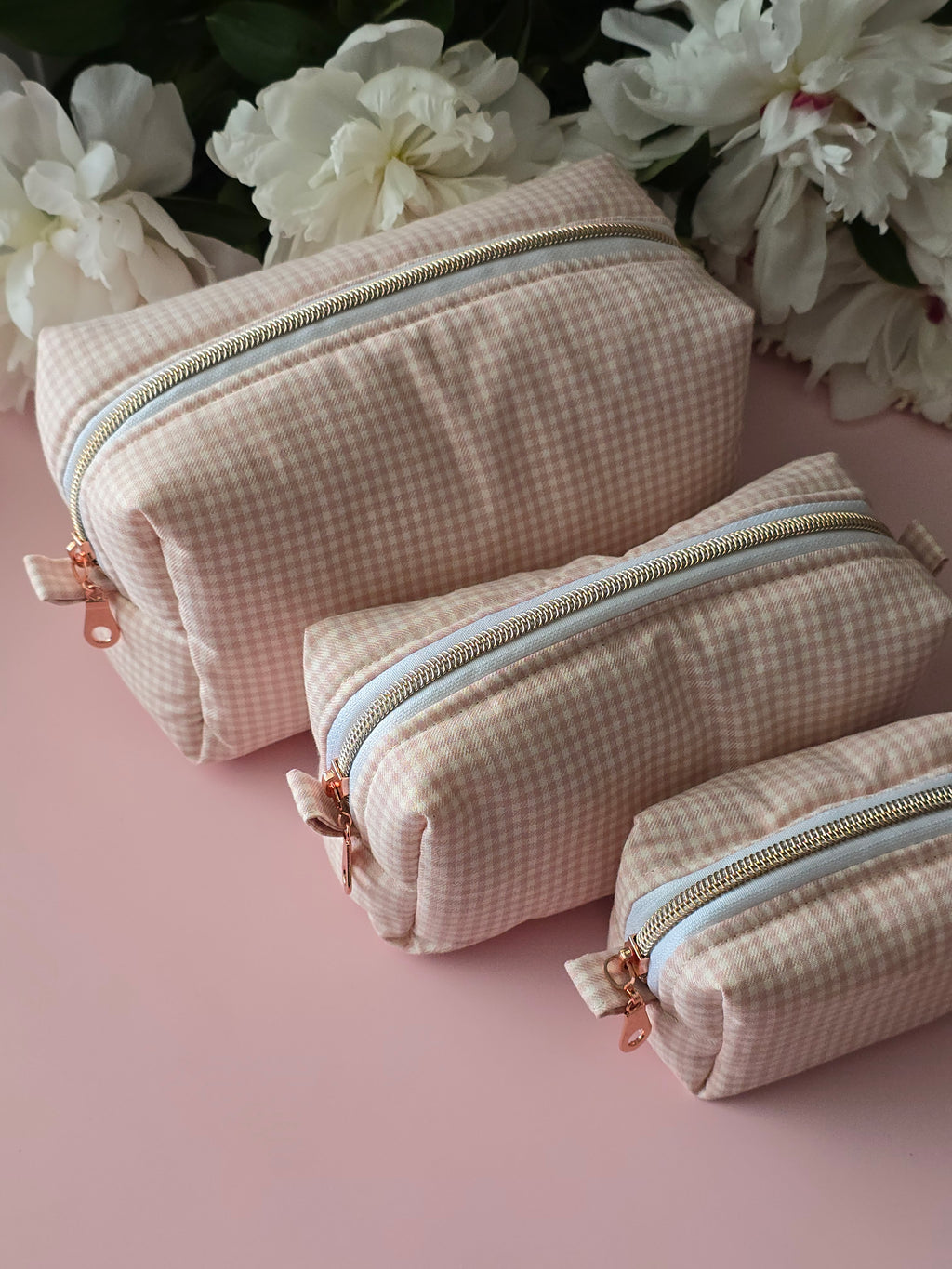 Set of 3 Pink Gingham Cosmetic Bags