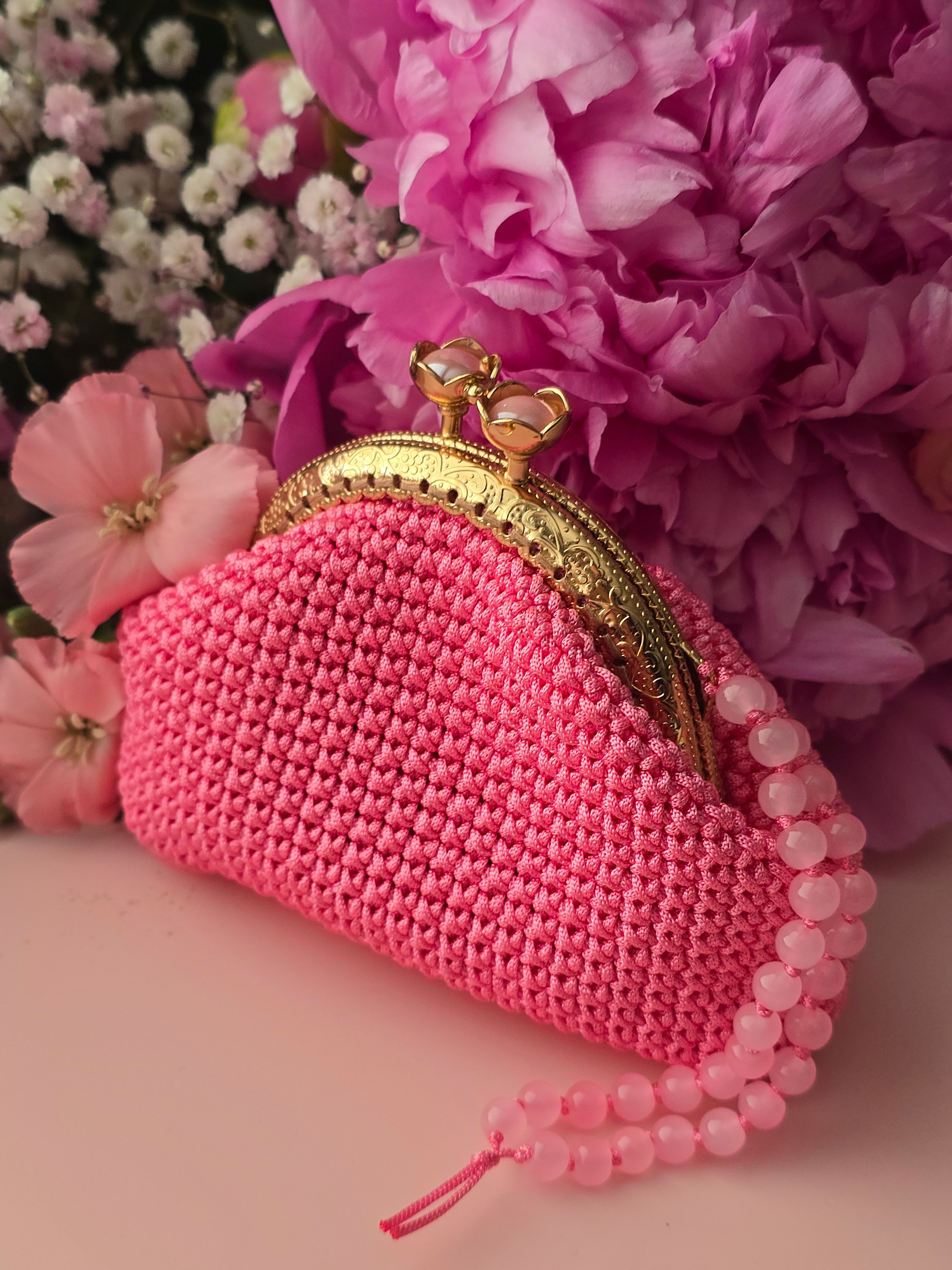 Pink Crochet Coin Purse with Pearl Strap ✨💗