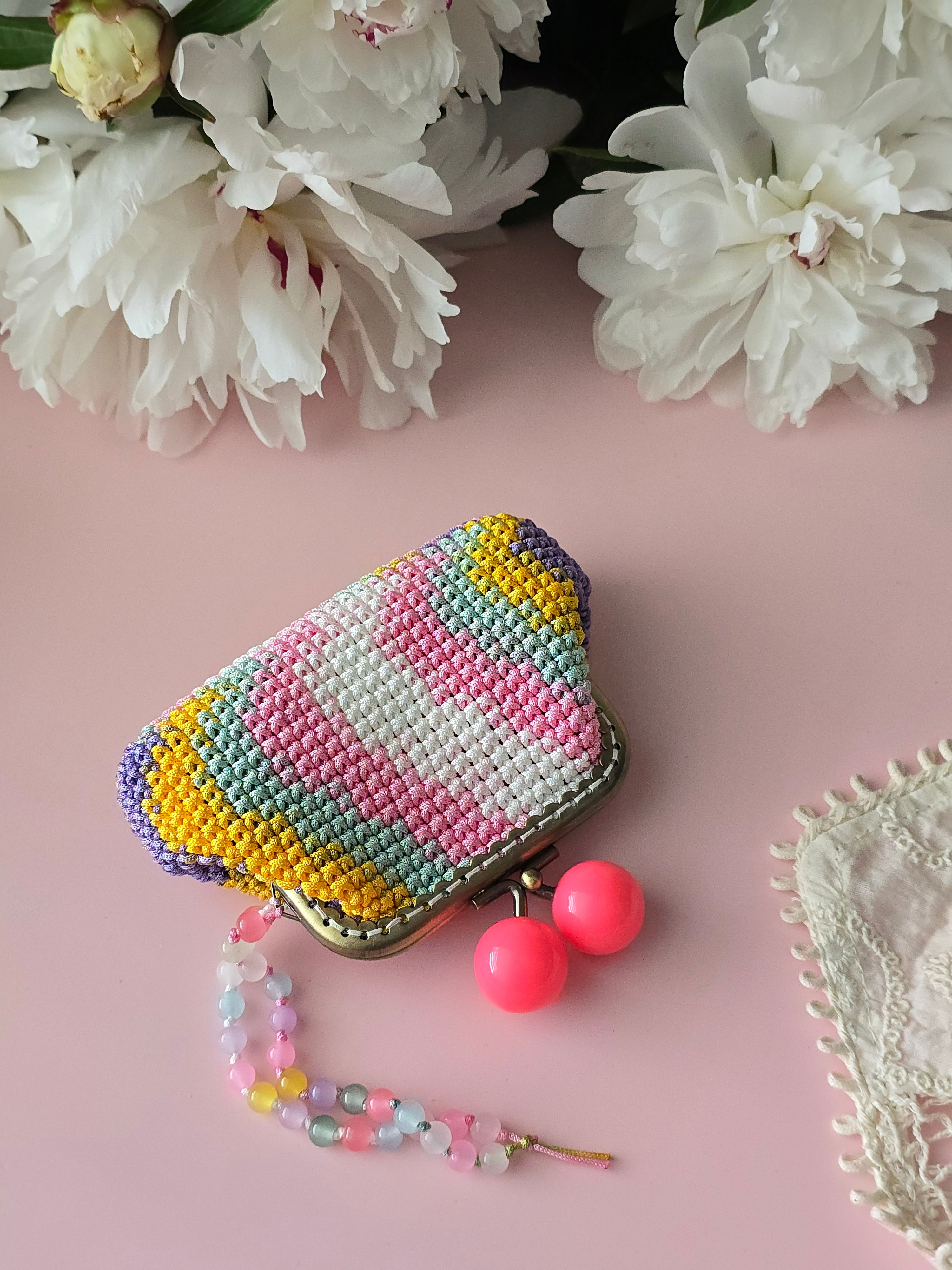 Rainbow Crochet Coin Purse with Beaded Charm