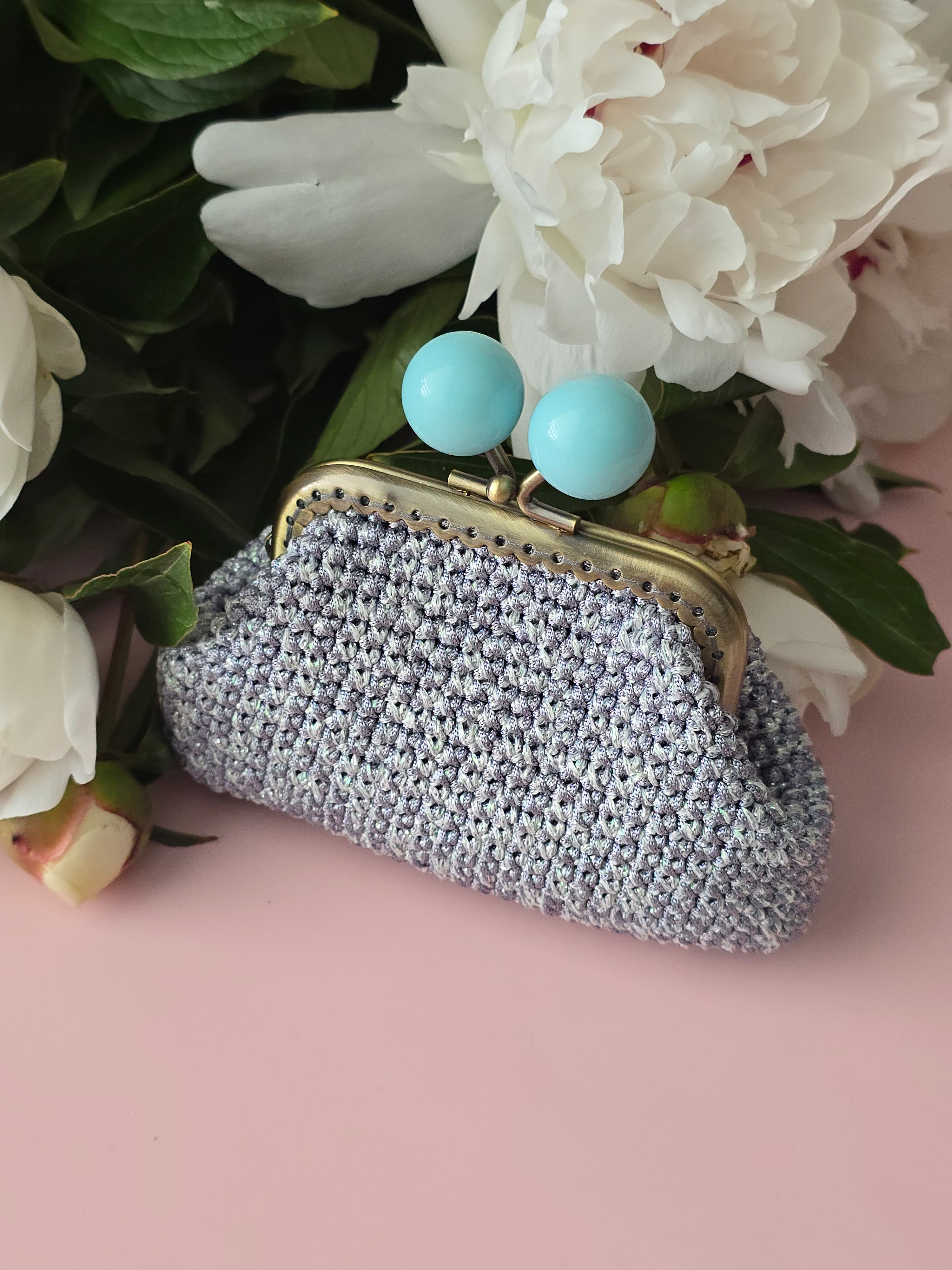 Handmade Crochet Frame Wallet – Grey with Mint Clasp