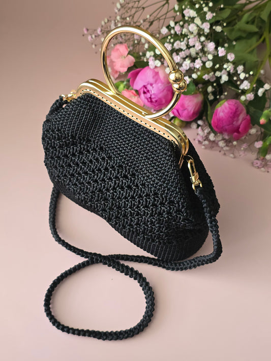 Black Crochet Evening Bag with Gold Handle