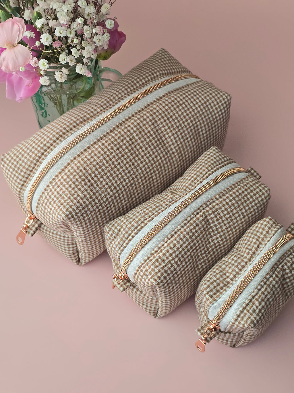 Beige Gingham Cosmetic Pouch Set
