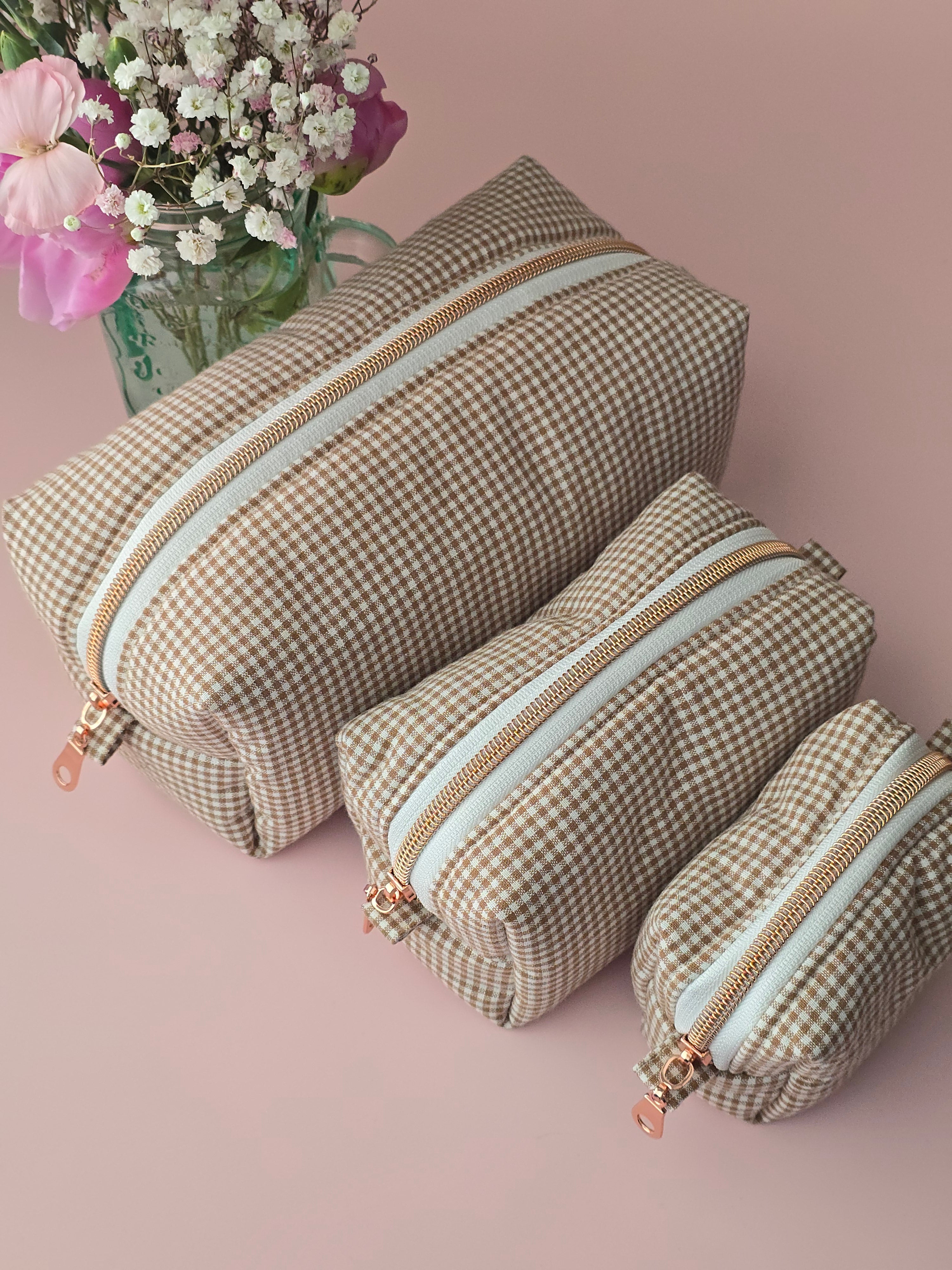 Beige Gingham Cosmetic Pouch Set