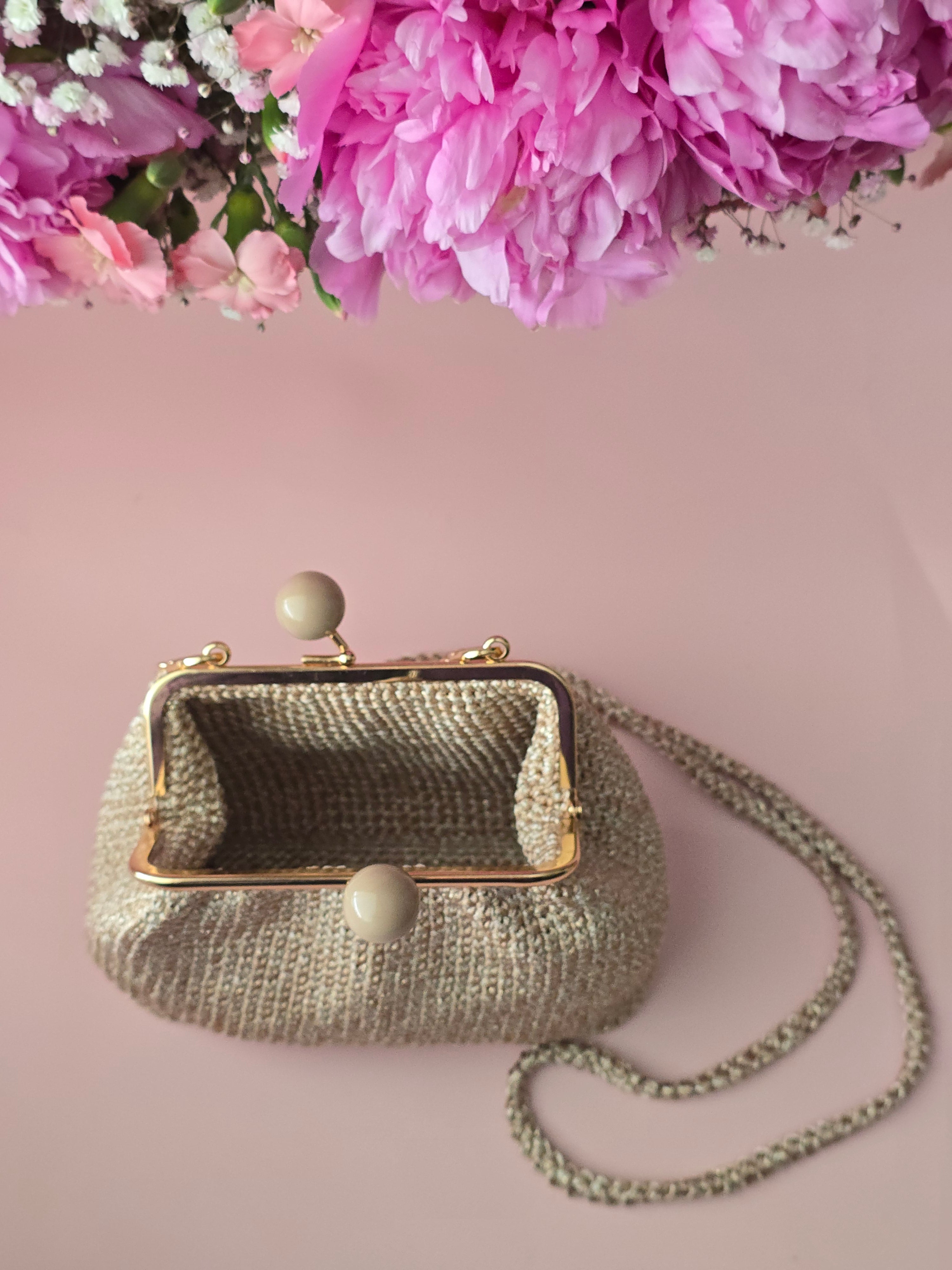 Champagne Beige Crochet Kiss Lock Bag