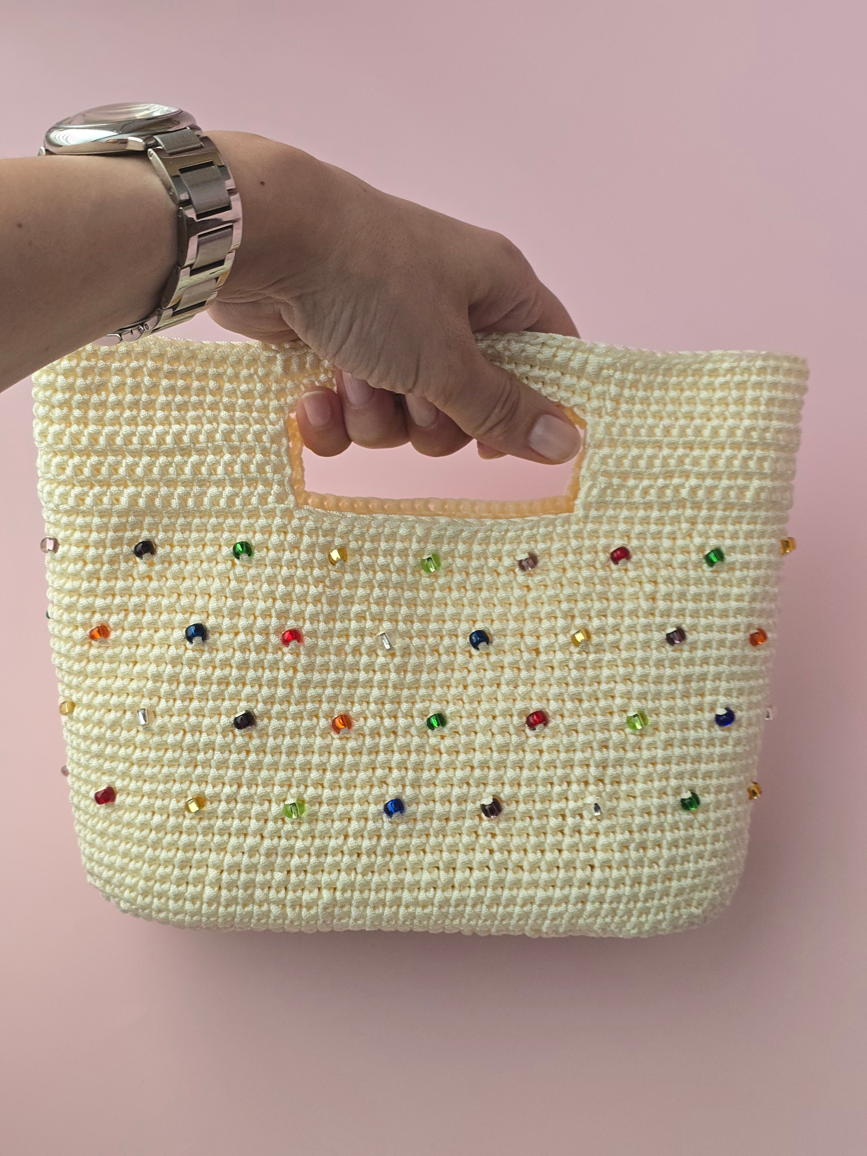 Handmade Crochet Beaded Tote Bag – Cream Summer Handbag