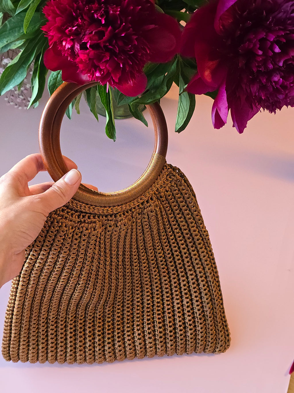 Handmade Crochet Bag with Wooden Handle