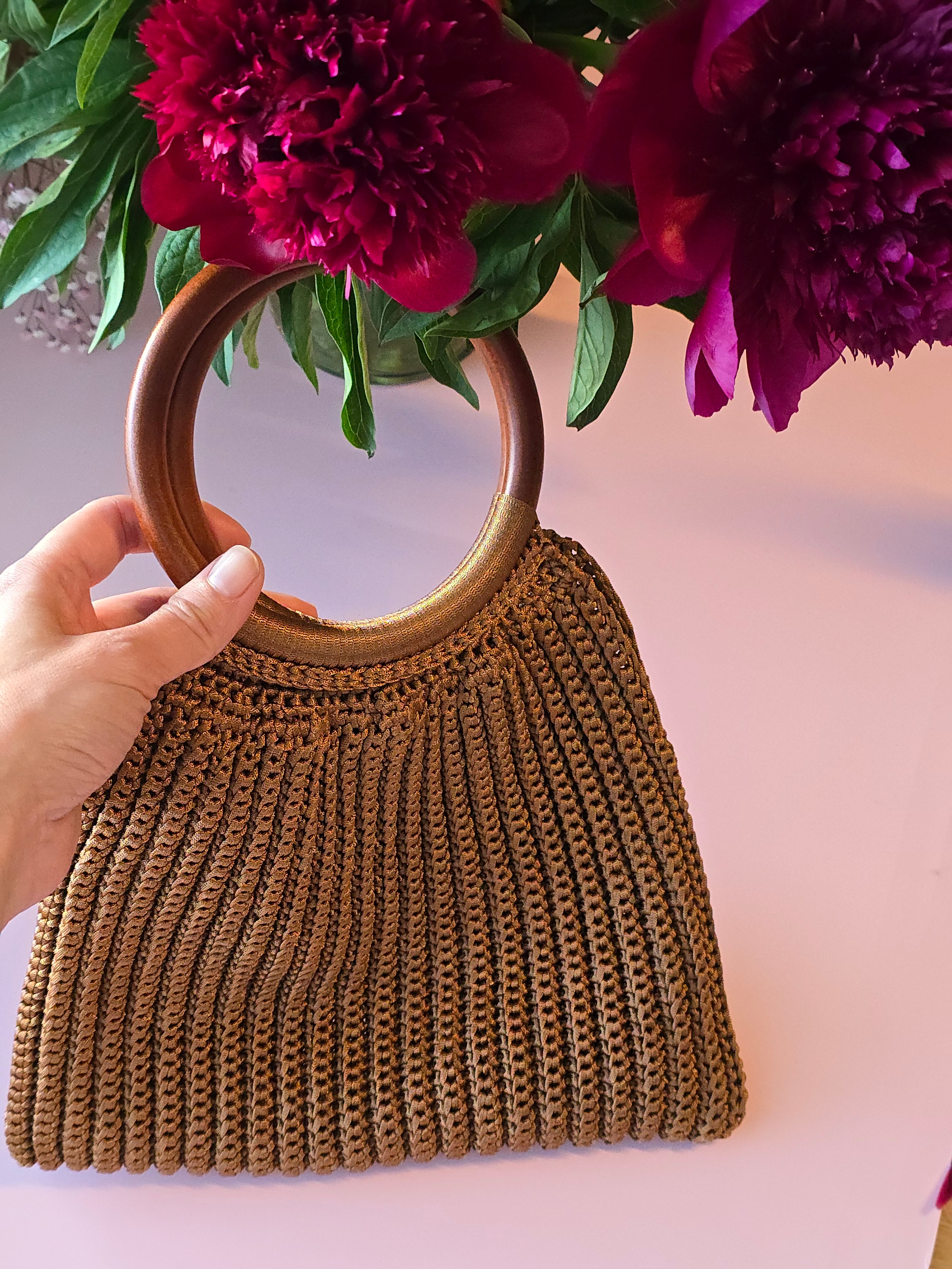 Handmade Crochet Bag with Wooden Handle