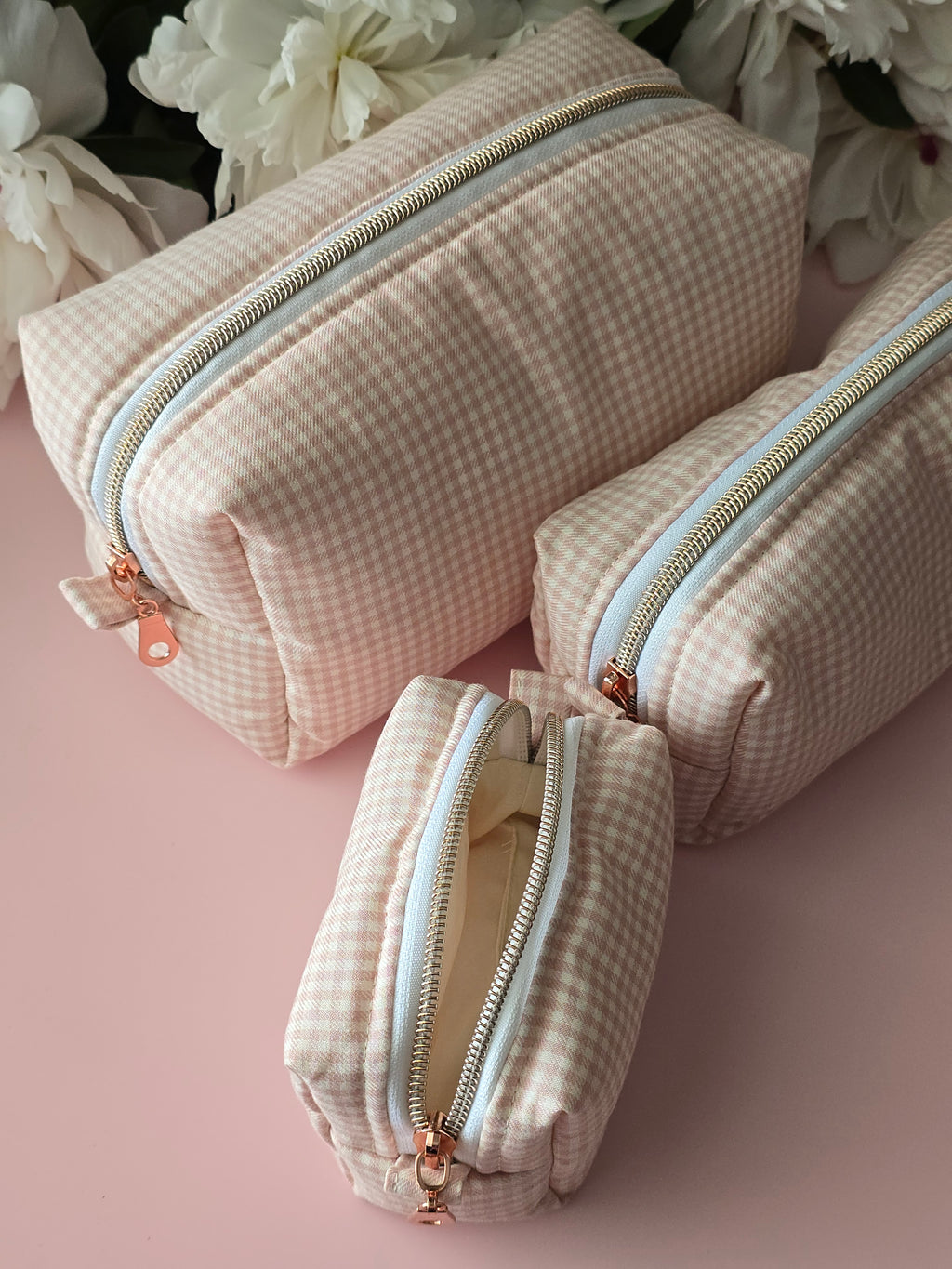 Set of 3 Pink Gingham Cosmetic Bags