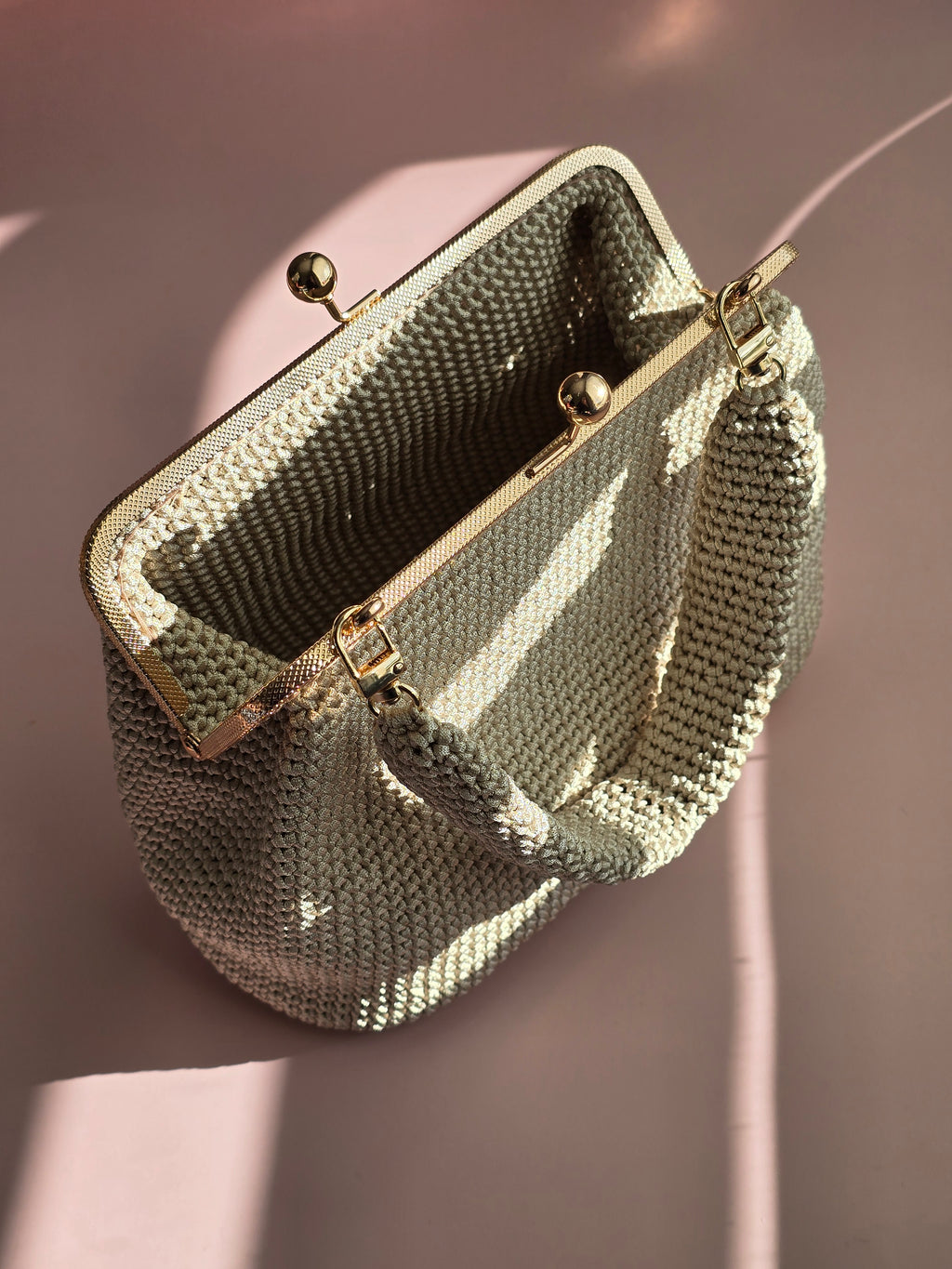 Handmade Crochet Kiss-Lock Bag – Sage Stripes