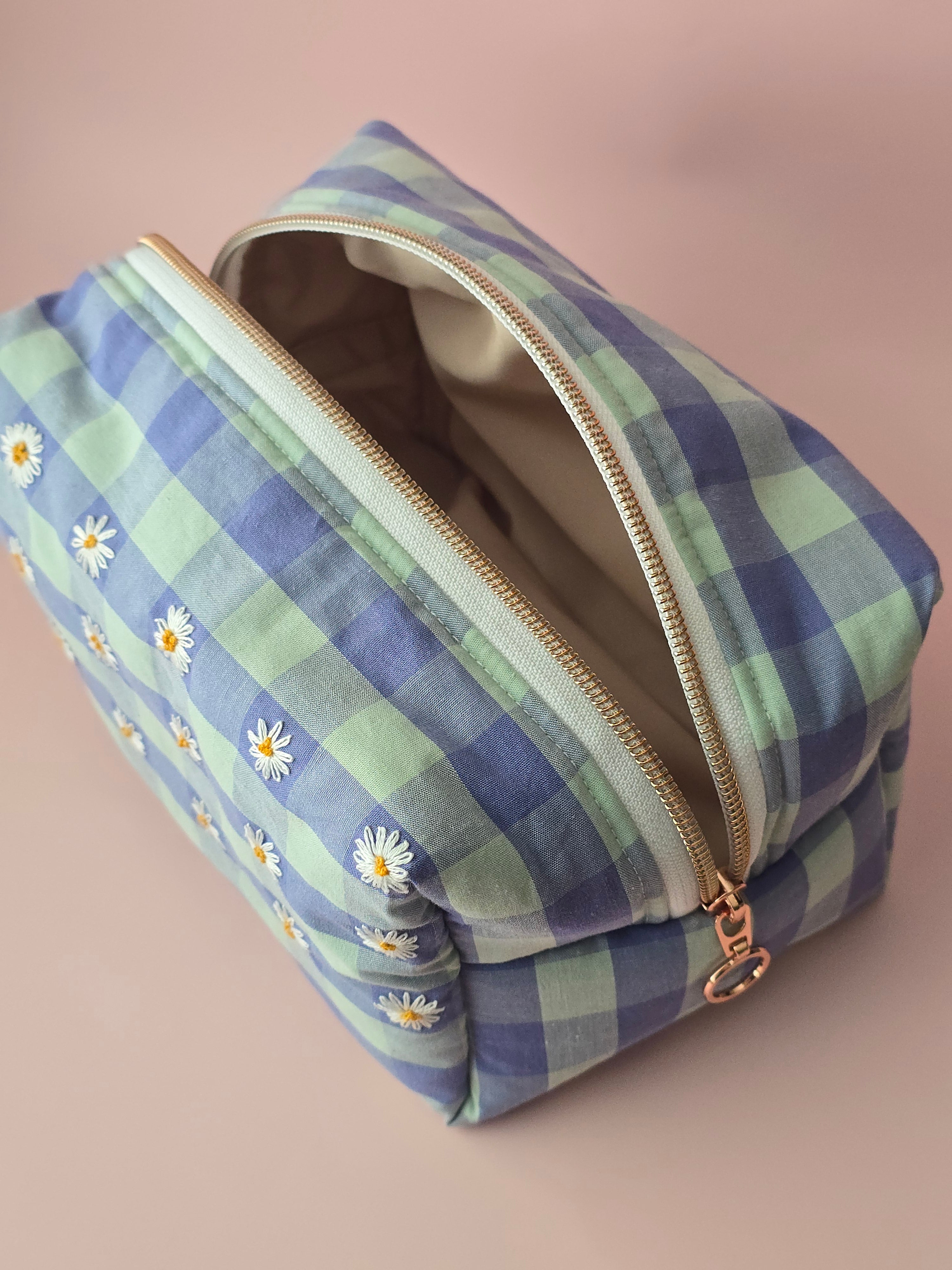 Blue Daisy Embroidered Cosmetic Bag