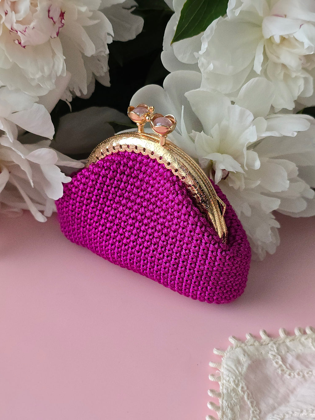 Fuchsia Crochet Coin Purse with Gold Clasp
