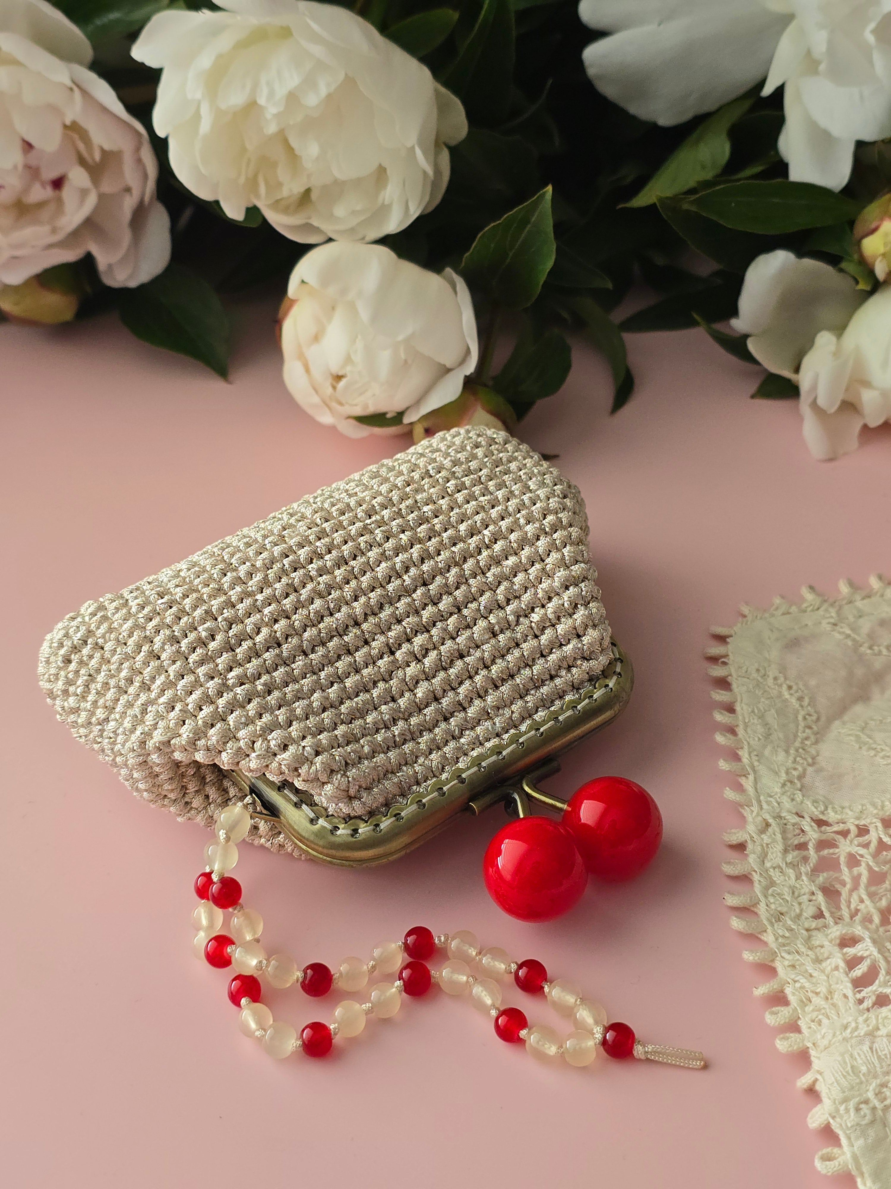 Crochet Coin Purse with Red Bead Charm