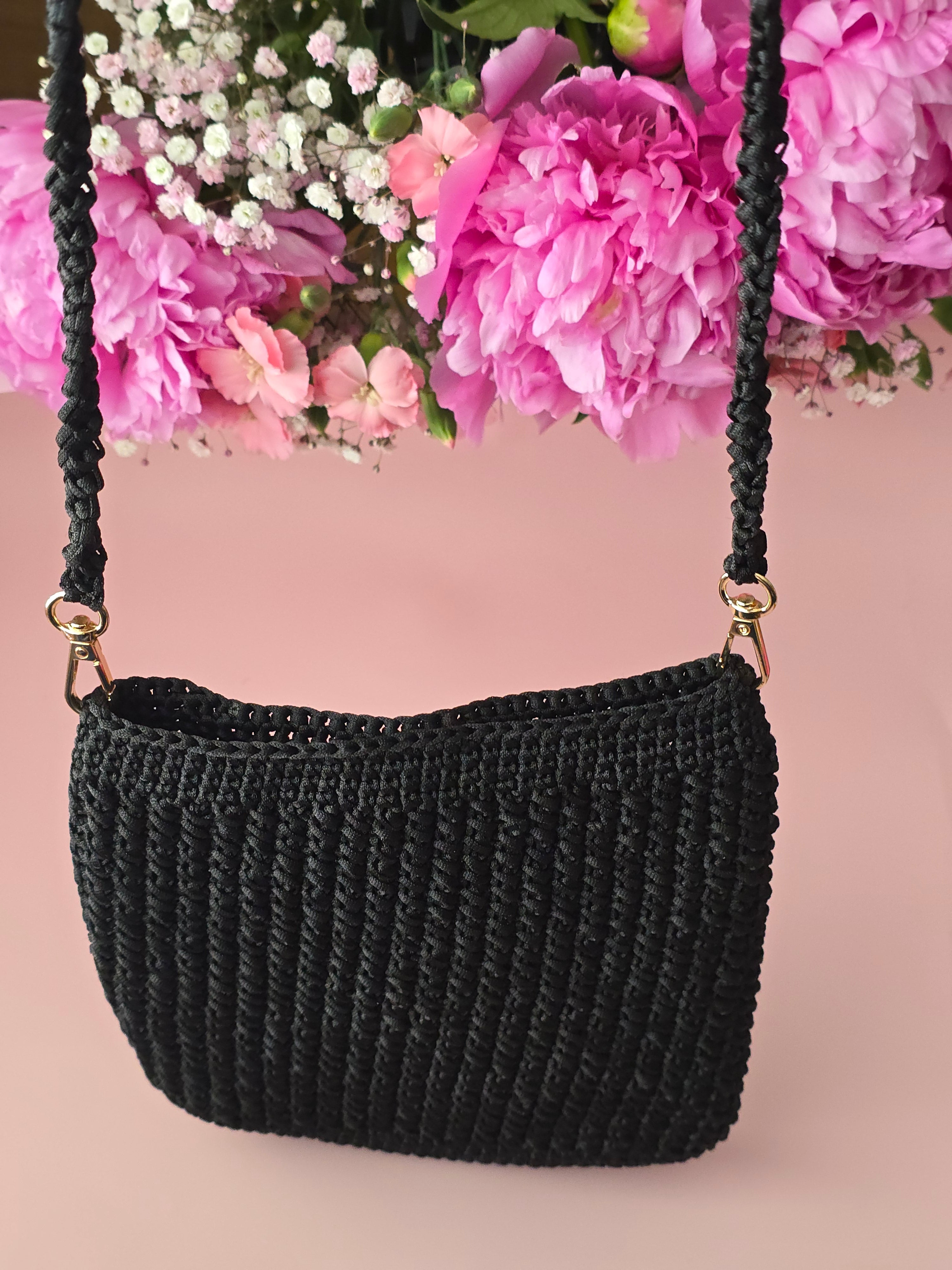 Black Ribbed Crochet Crossbody Bag