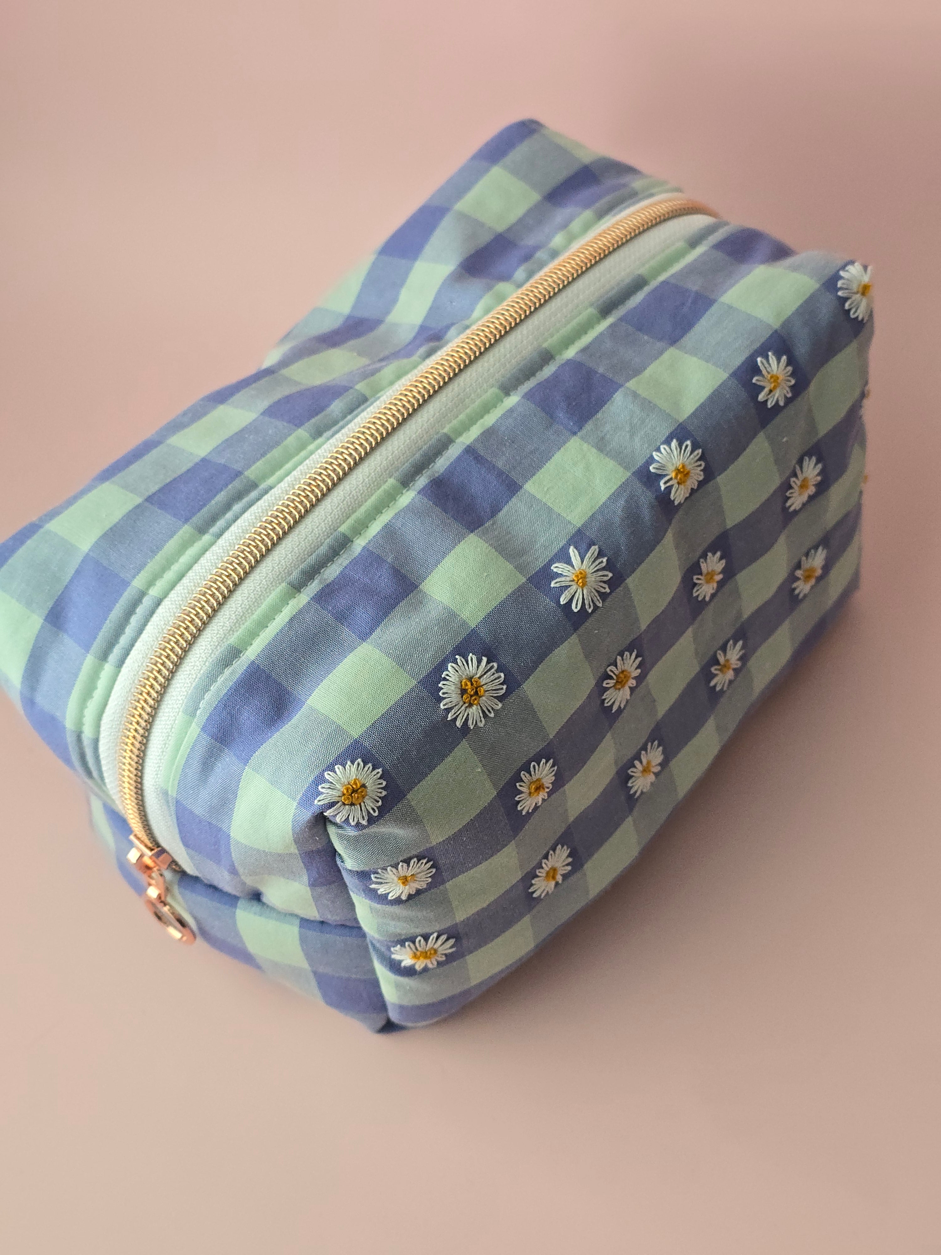 Blue Daisy Embroidered Cosmetic Bag