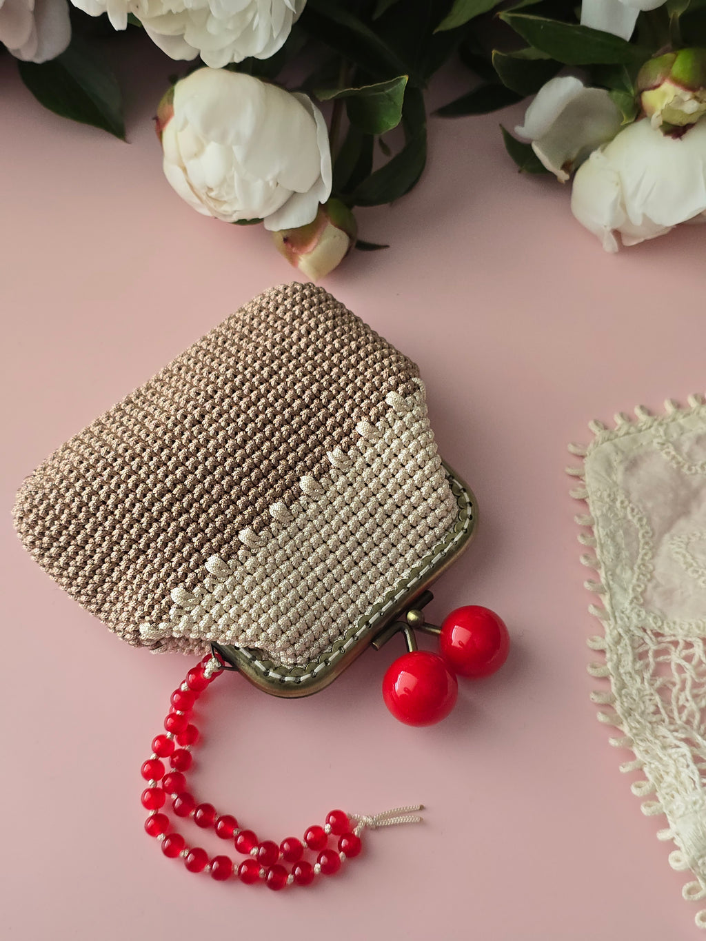Handmade Crochet Coin Purse with Vintage Frame & Cherry Clasp
